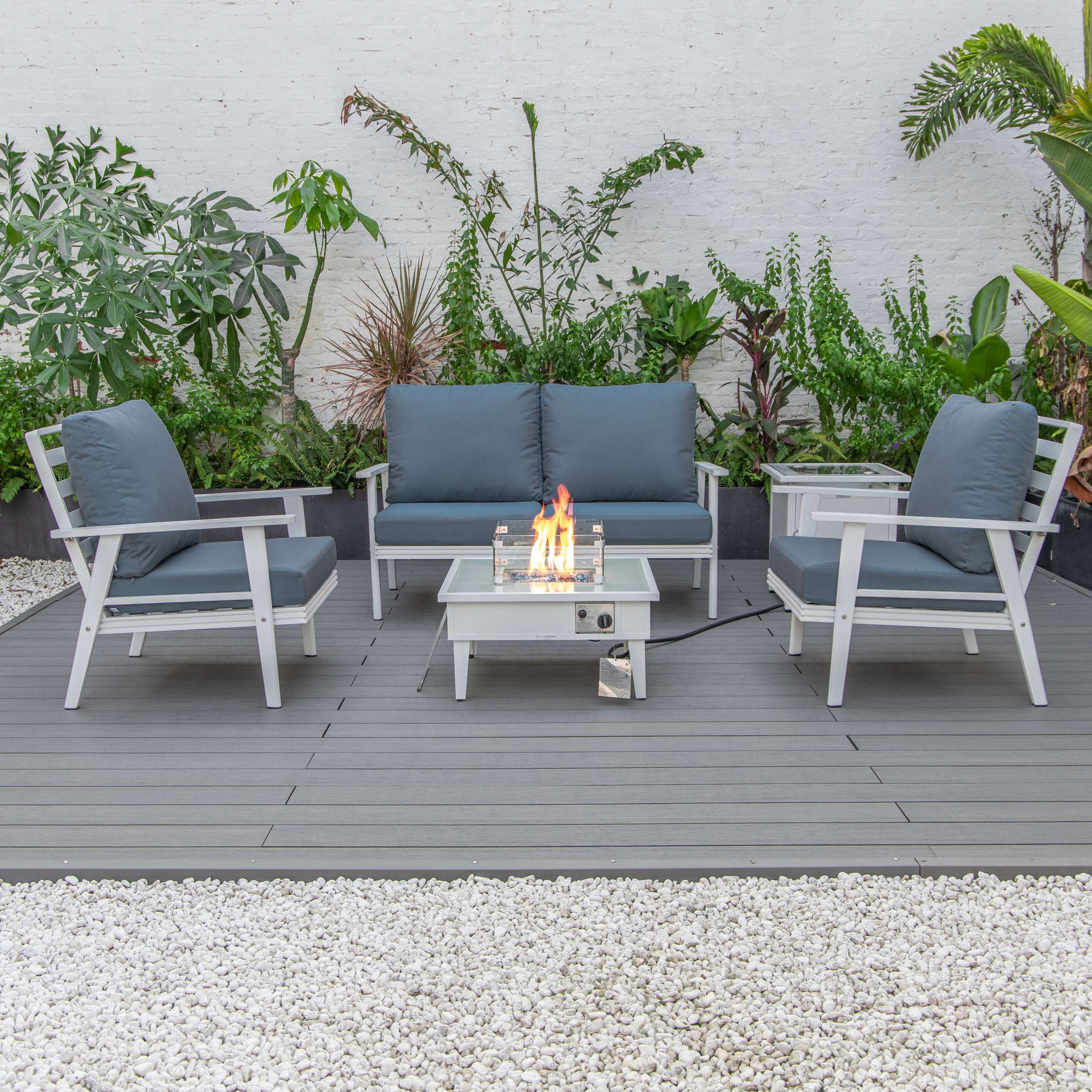LeisureMod Walbrooke Modern White Patio Conversation With Square Fire Pit & Tank Holder - Image 49