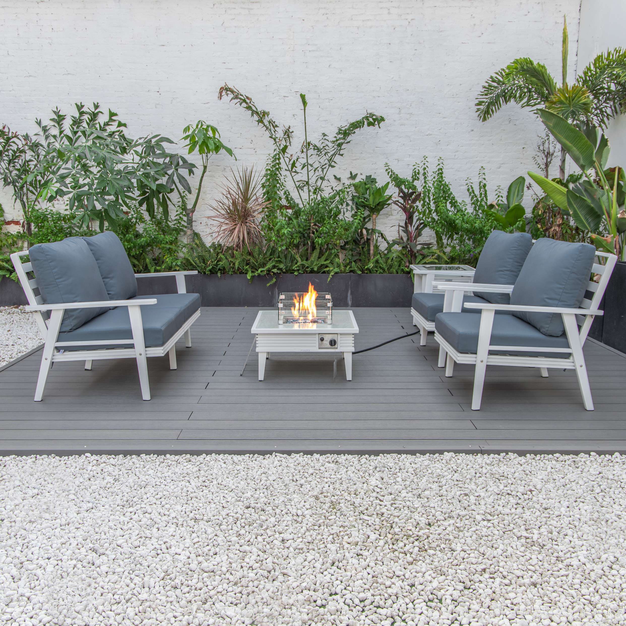 LeisureMod Walbrooke Modern White Patio Conversation With Square Fire Pit & Tank Holder - Image 50