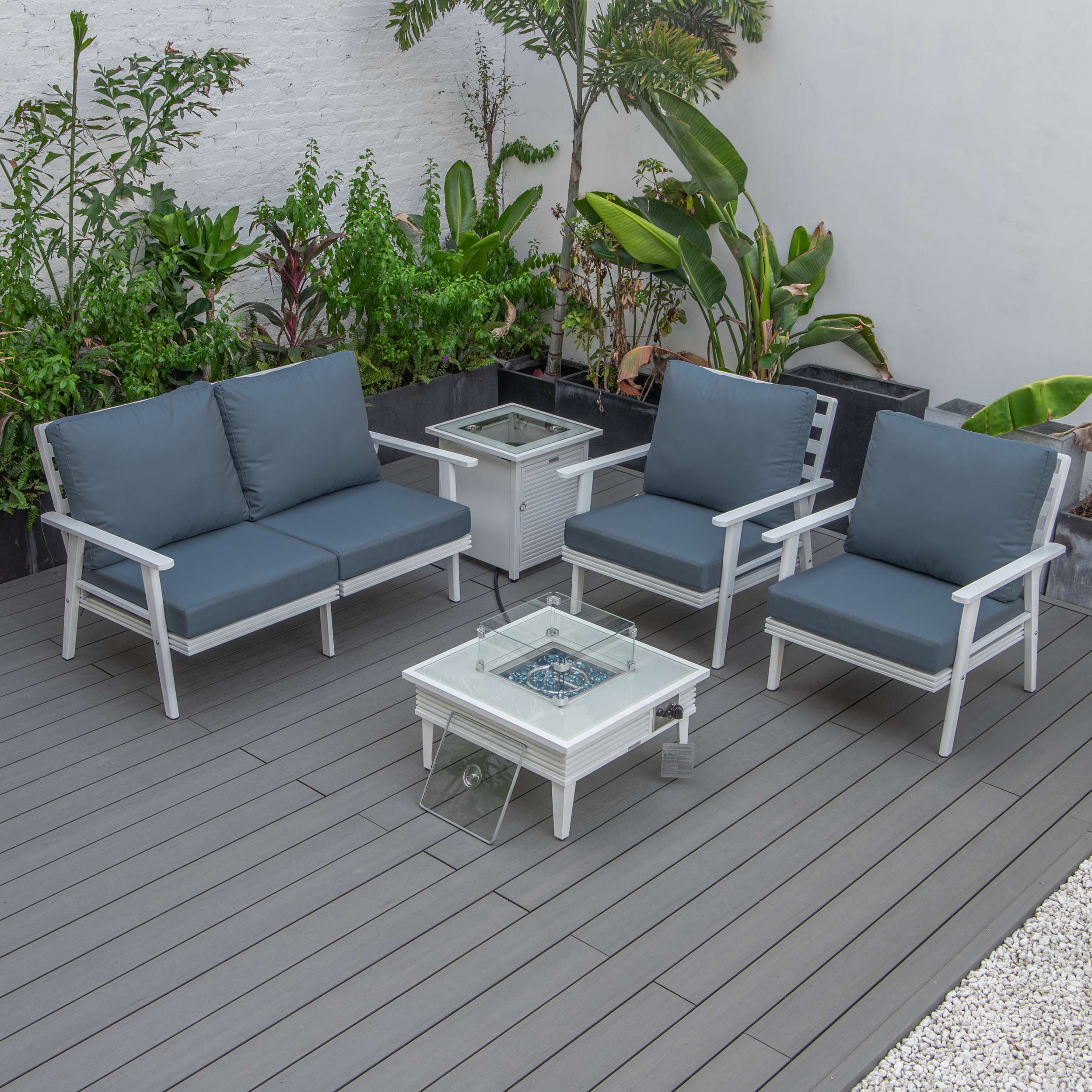 LeisureMod Walbrooke Modern White Patio Conversation With Square Fire Pit & Tank Holder - Image 52