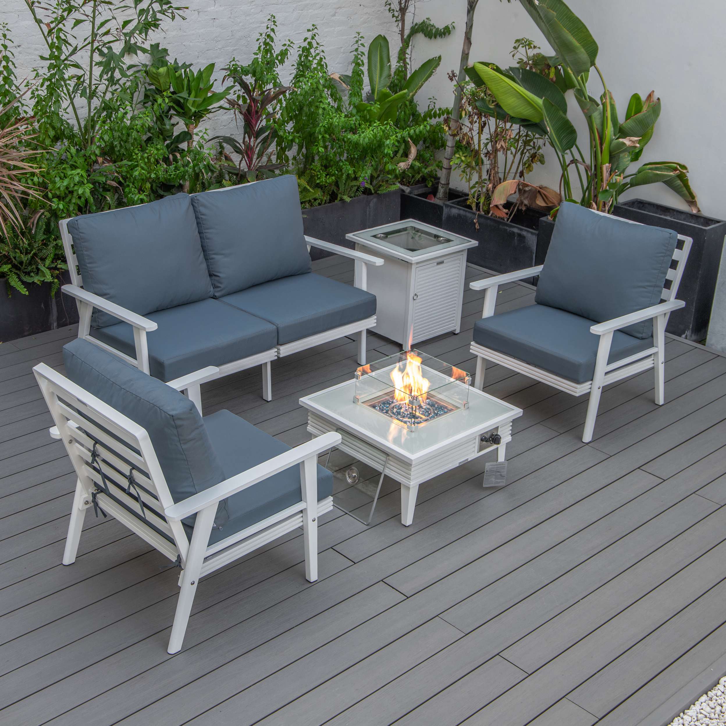 LeisureMod Walbrooke Modern White Patio Conversation With Square Fire Pit & Tank Holder - Image 53