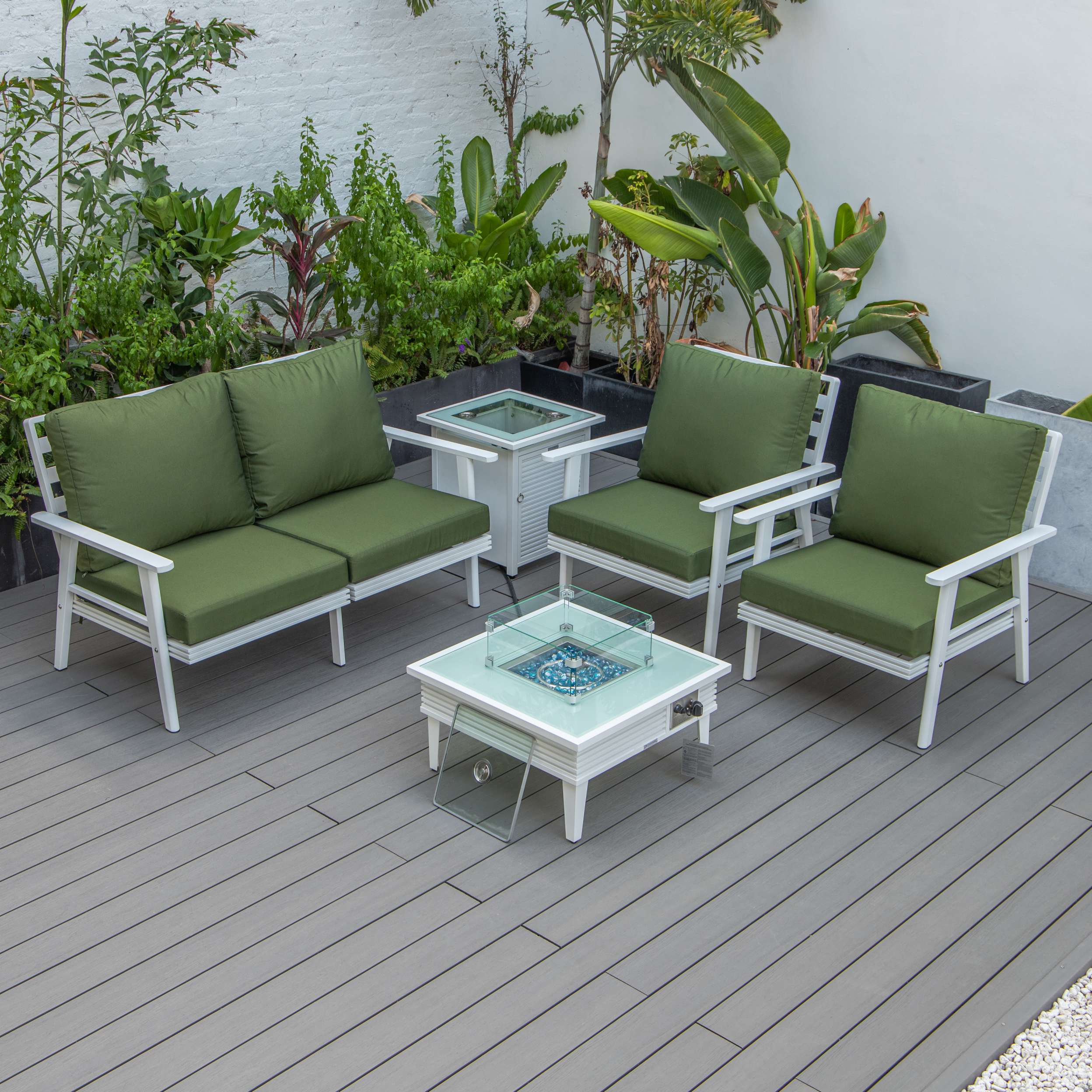 LeisureMod Walbrooke Modern White Patio Conversation With Square Fire Pit & Tank Holder - Image 74