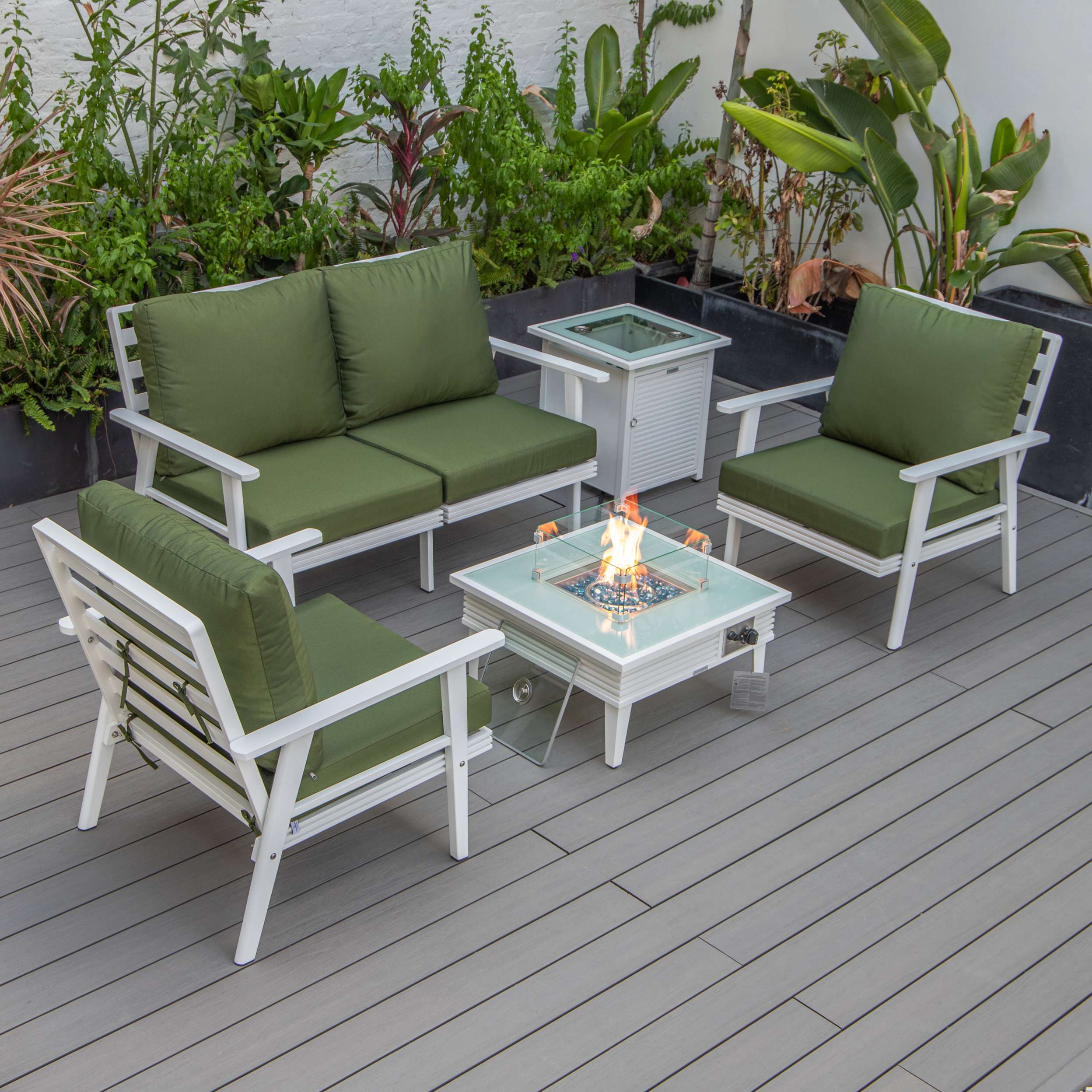 LeisureMod Walbrooke Modern White Patio Conversation With Square Fire Pit & Tank Holder - Image 75