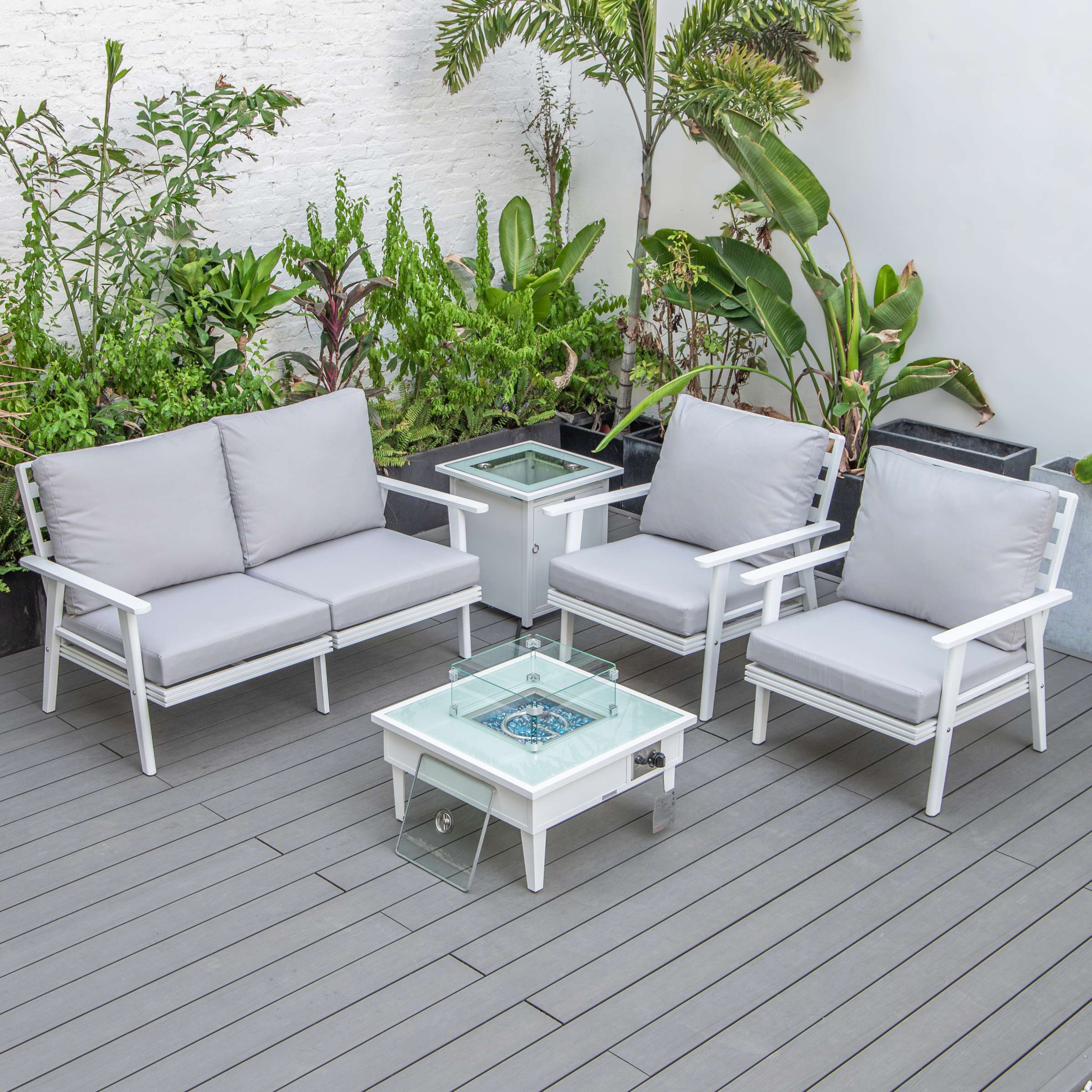 LeisureMod Walbrooke Modern White Patio Conversation With Square Fire Pit & Tank Holder - Image 84