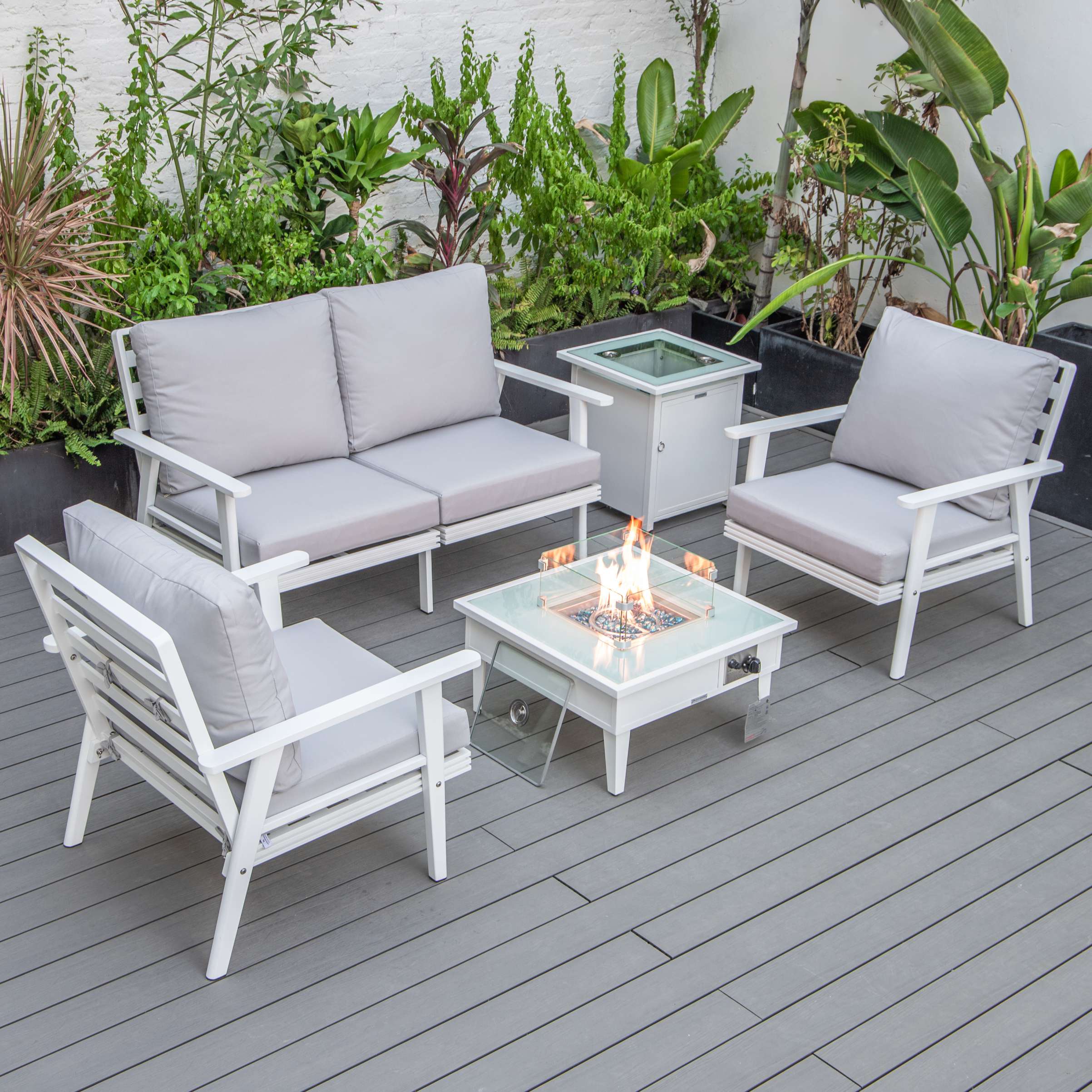 LeisureMod Walbrooke Modern White Patio Conversation With Square Fire Pit & Tank Holder - Image 85