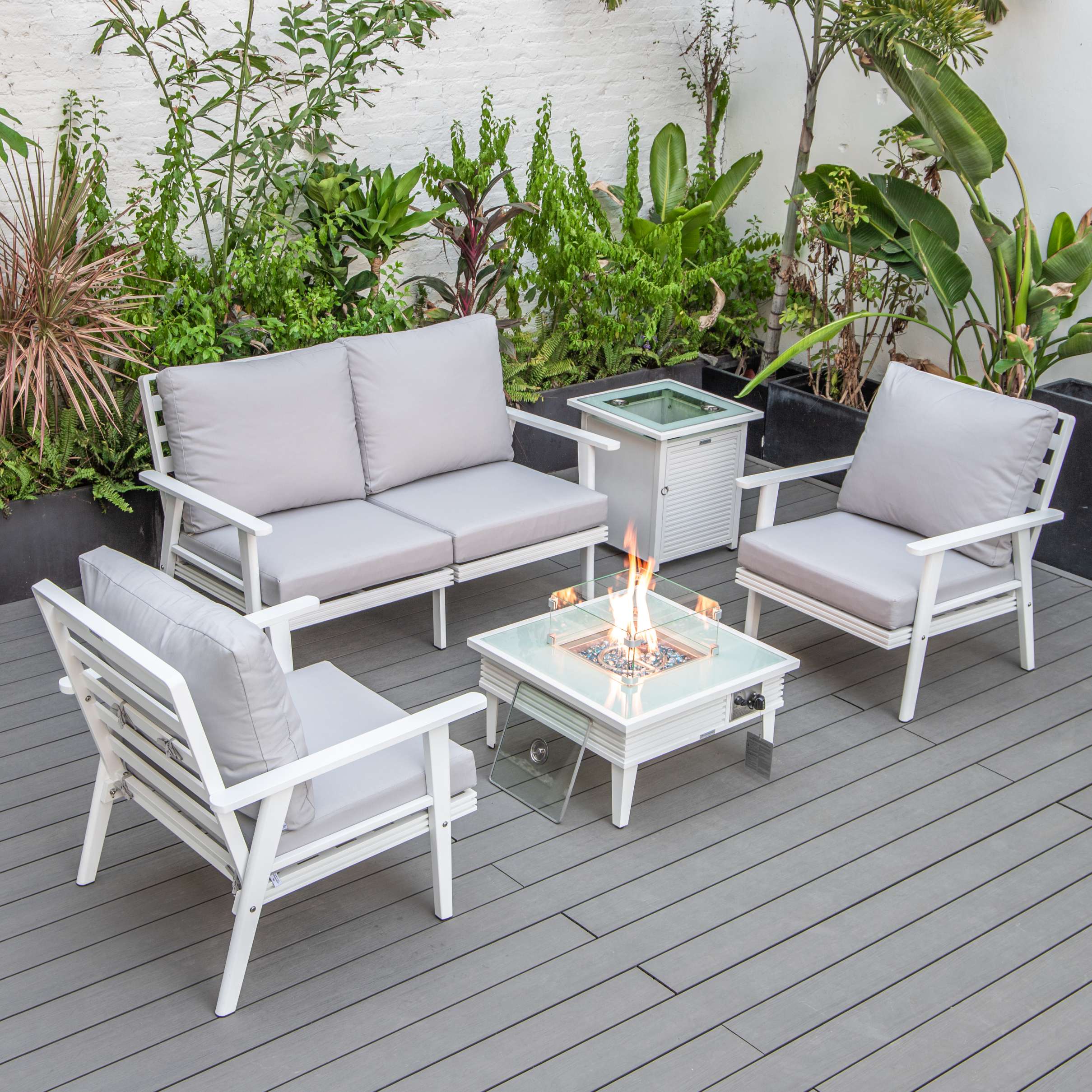 LeisureMod Walbrooke Modern White Patio Conversation With Square Fire Pit & Tank Holder - Image 87