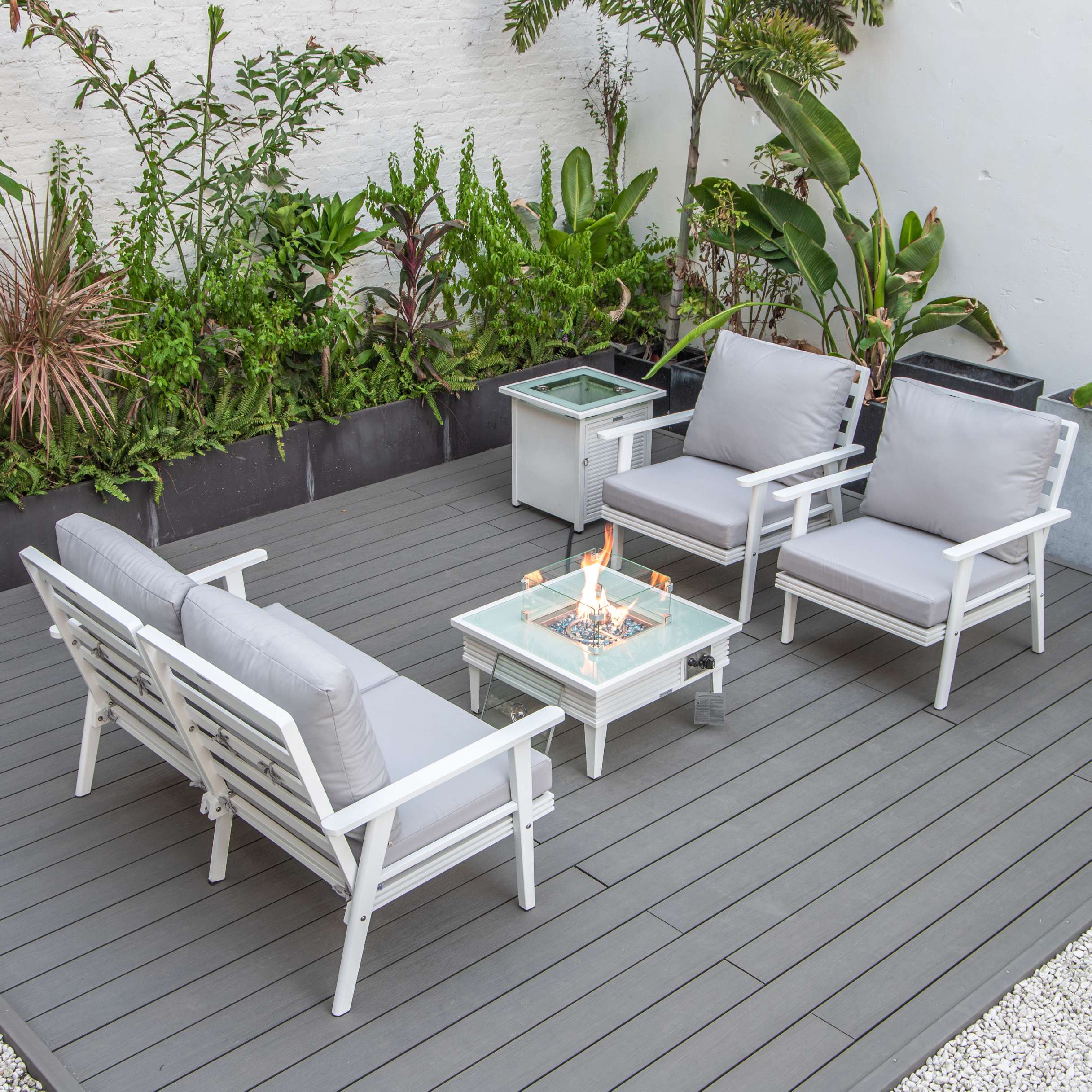 LeisureMod Walbrooke Modern White Patio Conversation With Square Fire Pit & Tank Holder - Image 90