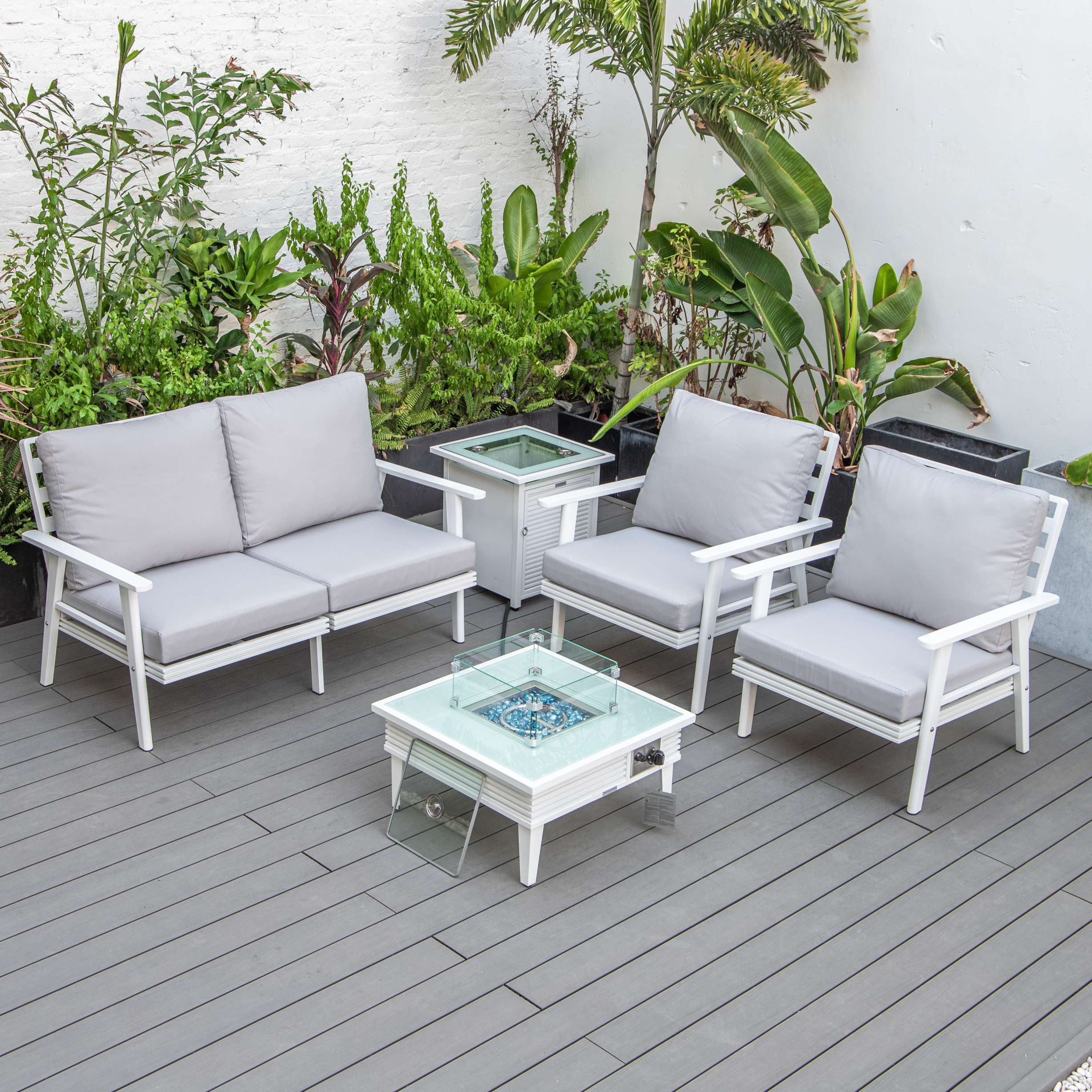 LeisureMod Walbrooke Modern White Patio Conversation With Square Fire Pit & Tank Holder - Image 91