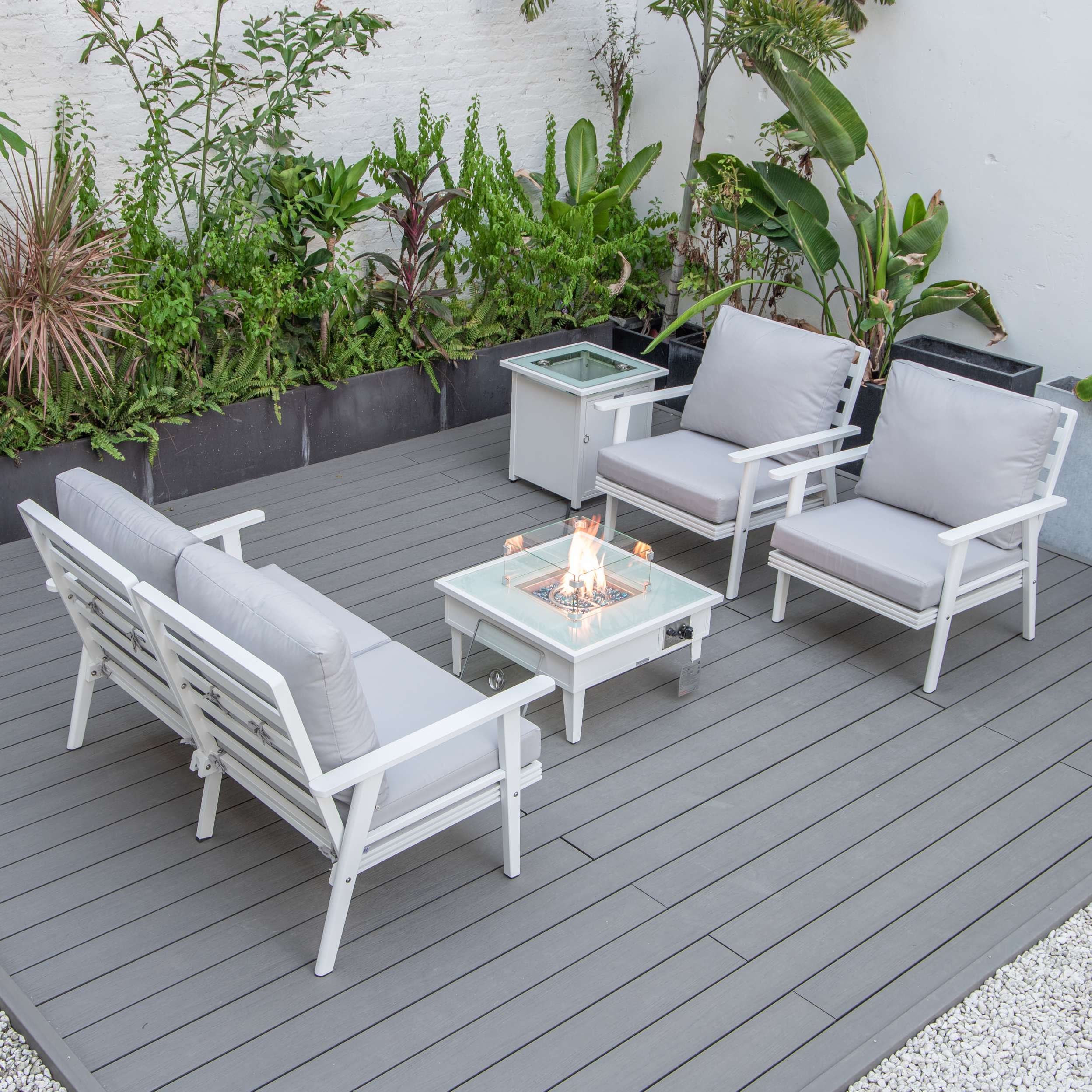 LeisureMod Walbrooke Modern White Patio Conversation With Square Fire Pit & Tank Holder - Image 92