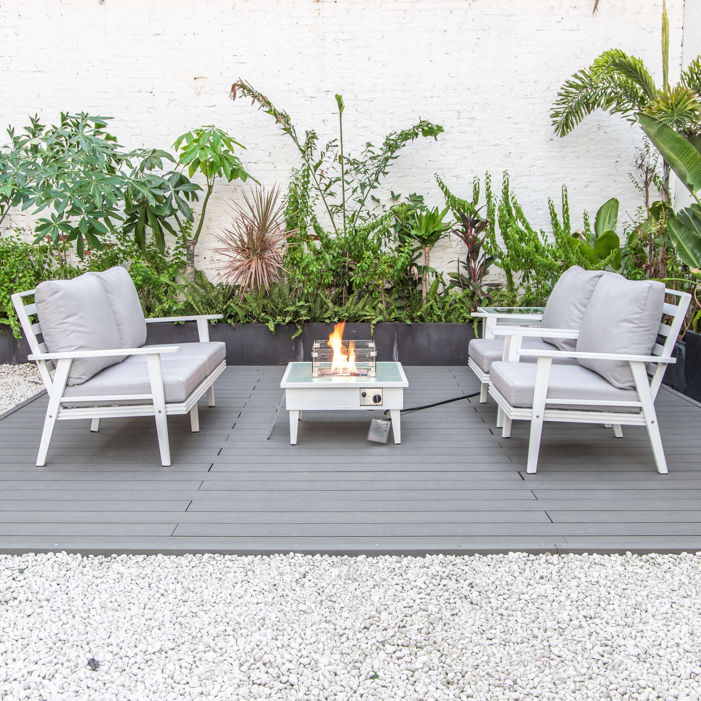 LeisureMod Walbrooke Modern White Patio Conversation With Square Fire Pit & Tank Holder - Image 93