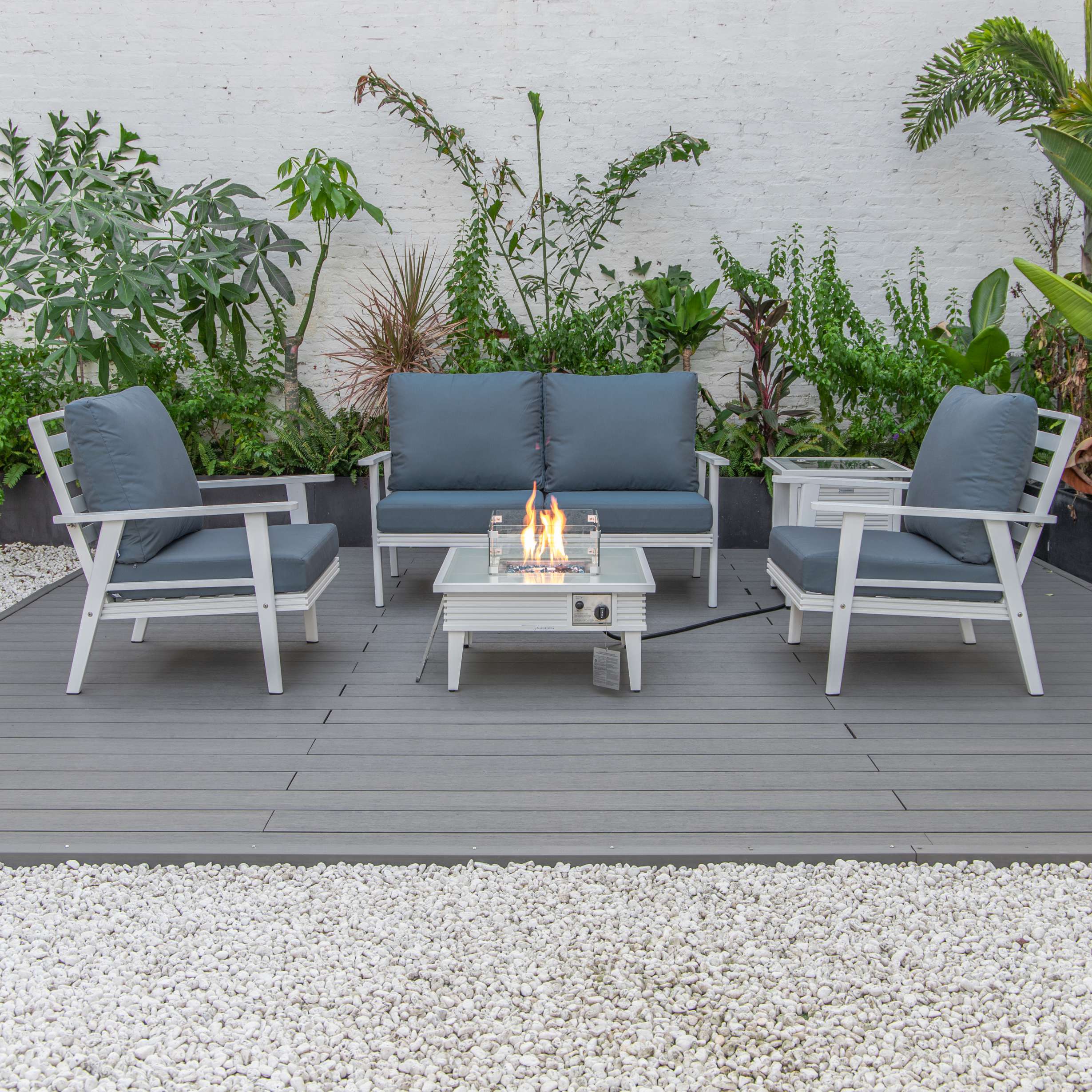 LeisureMod Walbrooke Modern White Patio Conversation With Square Fire Pit With Slats Design & Tank Holder - Image 20