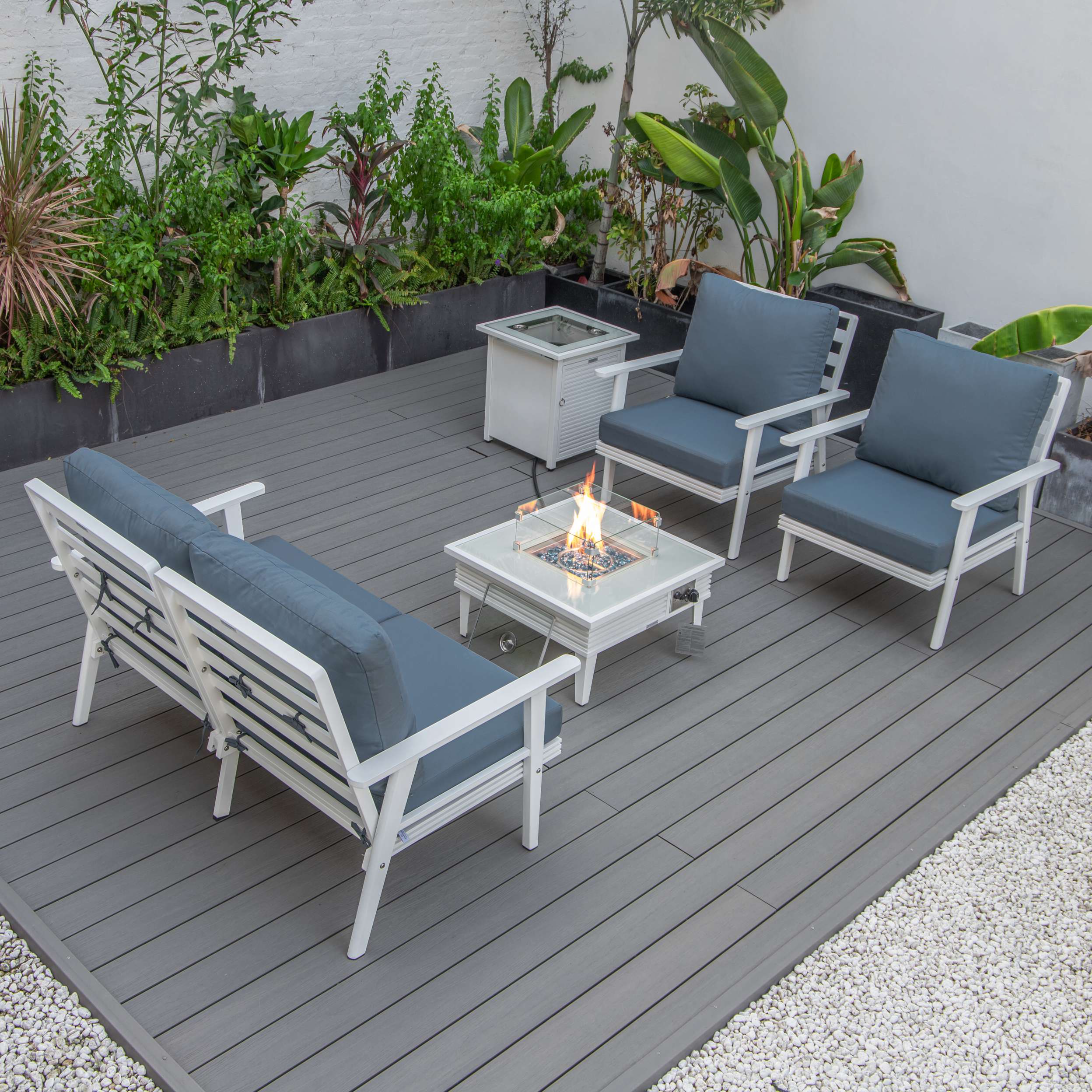 LeisureMod Walbrooke Modern White Patio Conversation With Square Fire Pit With Slats Design & Tank Holder - Image 25