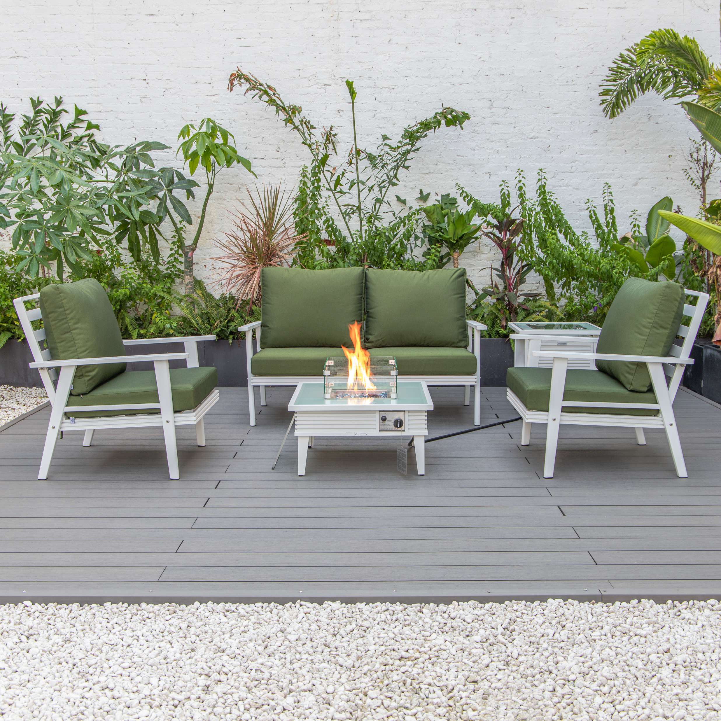 LeisureMod Walbrooke Modern White Patio Conversation With Square Fire Pit With Slats Design & Tank Holder - Image 35