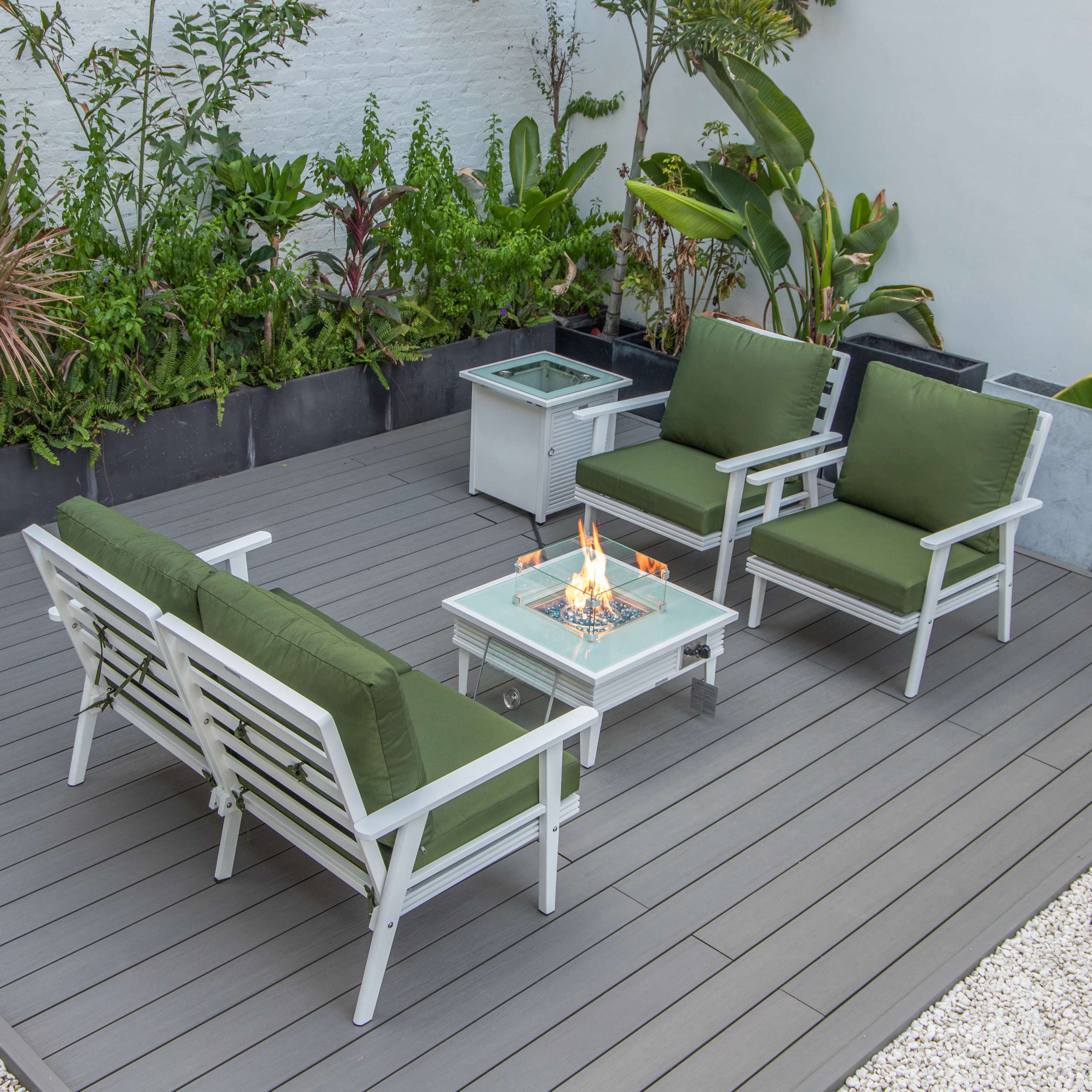 LeisureMod Walbrooke Modern White Patio Conversation With Square Fire Pit With Slats Design & Tank Holder - Image 39