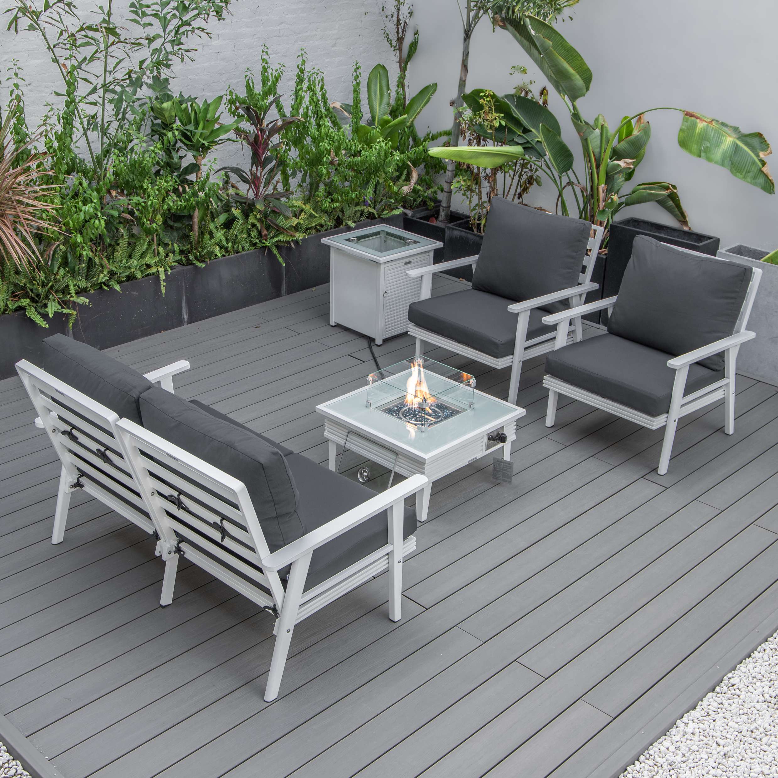 LeisureMod Walbrooke Modern White Patio Conversation With Square Fire Pit With Slats Design & Tank Holder - Image 4