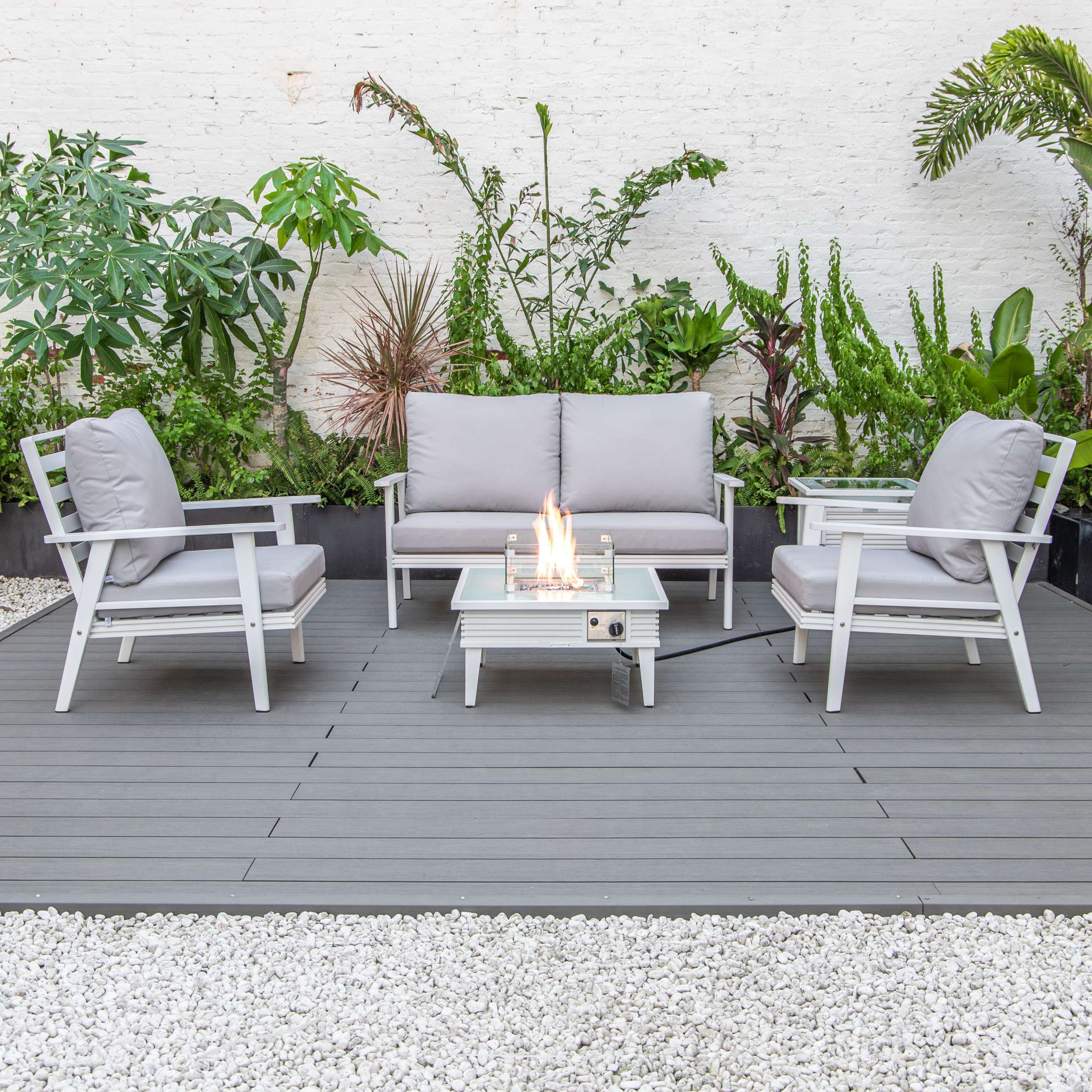 LeisureMod Walbrooke Modern White Patio Conversation With Square Fire Pit With Slats Design & Tank Holder - Image 46