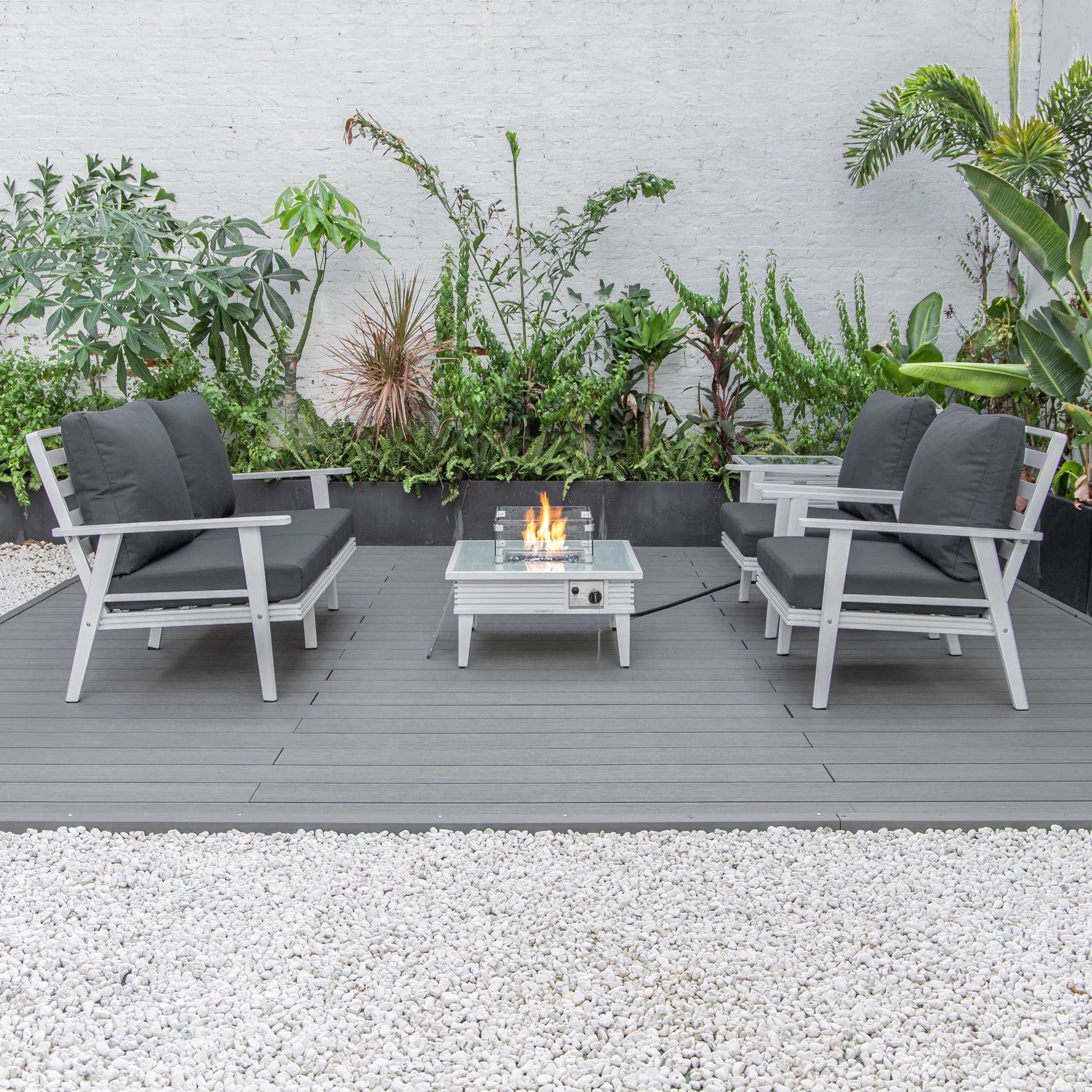 LeisureMod Walbrooke Modern White Patio Conversation With Square Fire Pit With Slats Design & Tank Holder - Image 5
