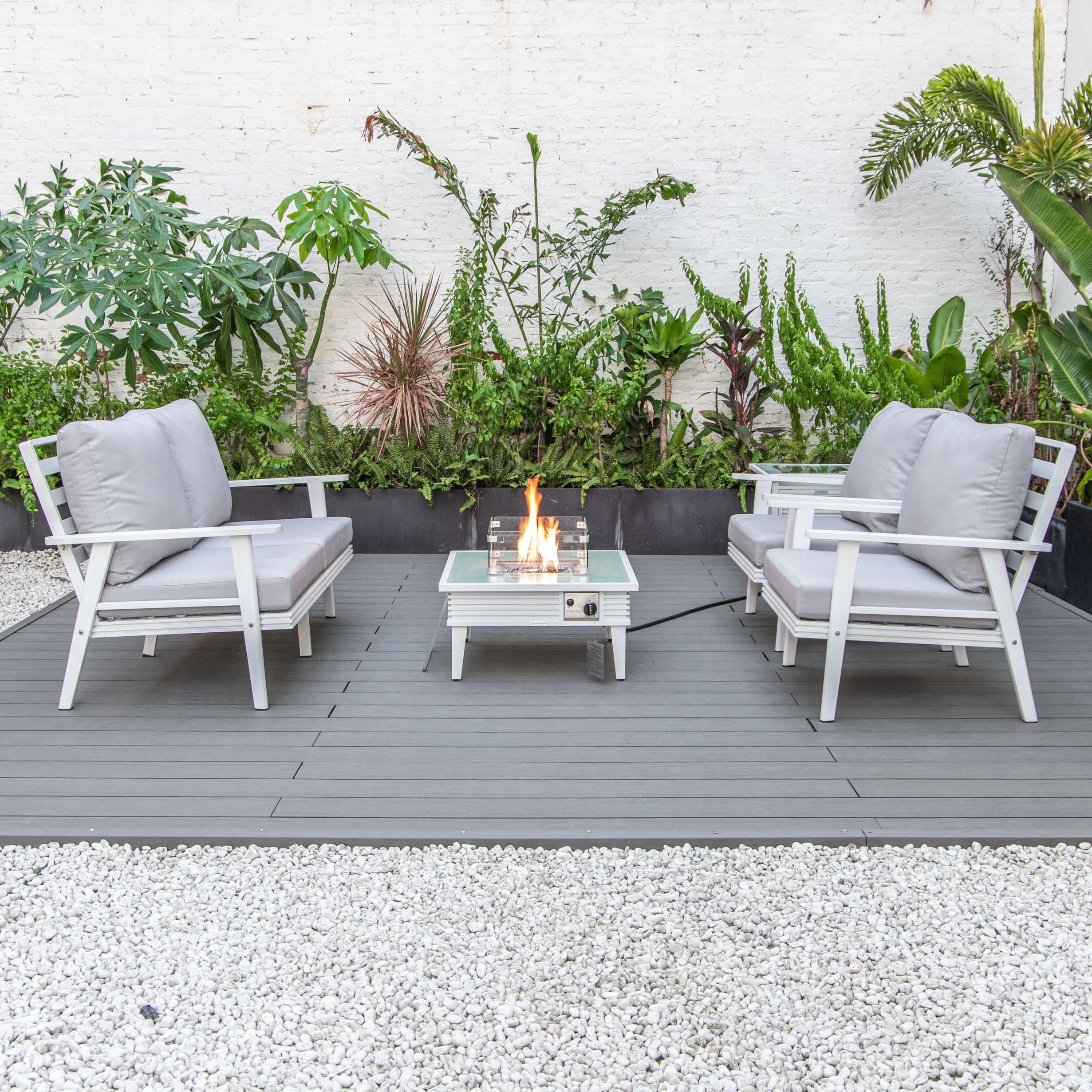 LeisureMod Walbrooke Modern White Patio Conversation With Square Fire Pit With Slats Design & Tank Holder - Image 51