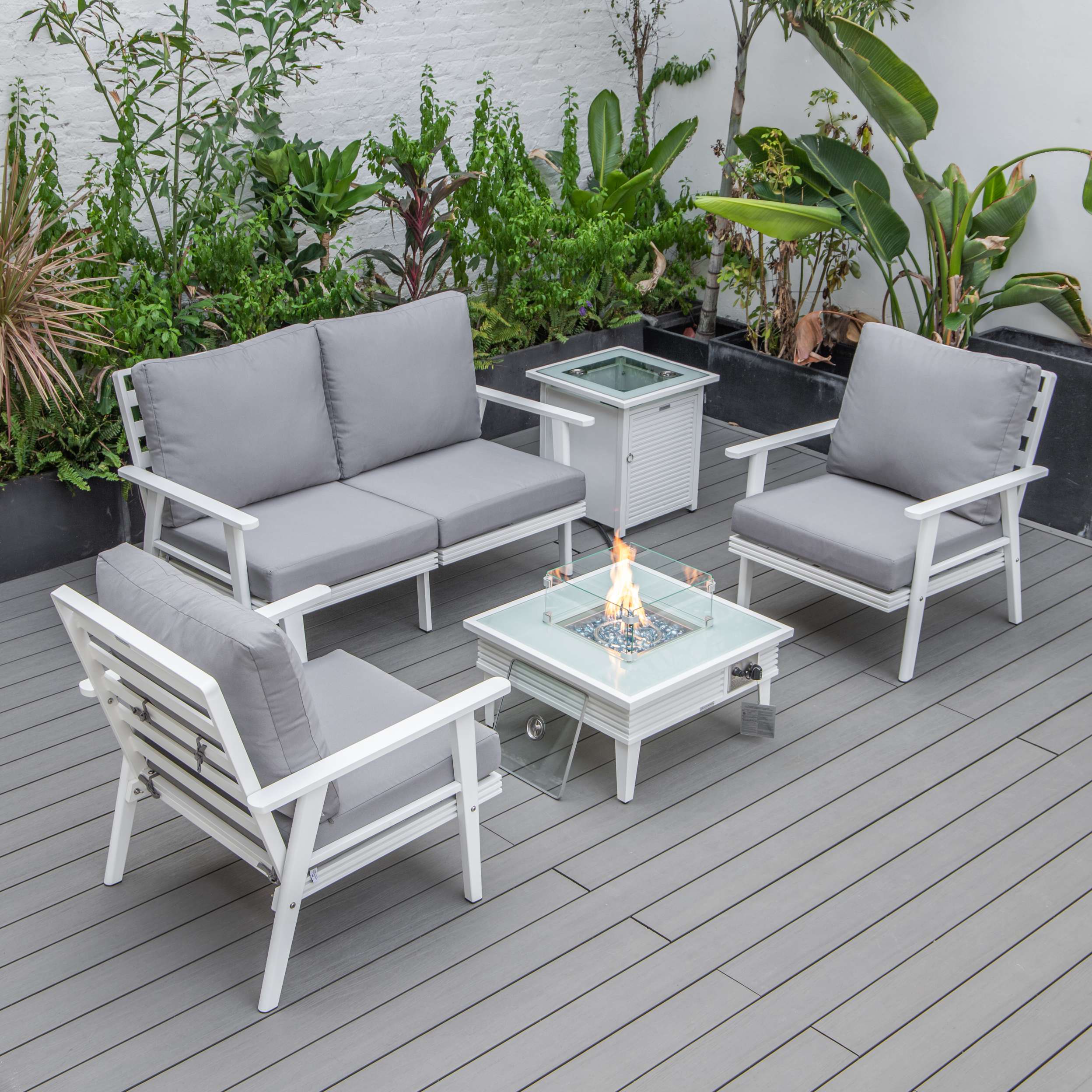 LeisureMod Walbrooke Modern White Patio Conversation With Square Fire Pit With Slats Design & Tank Holder - Image 68
