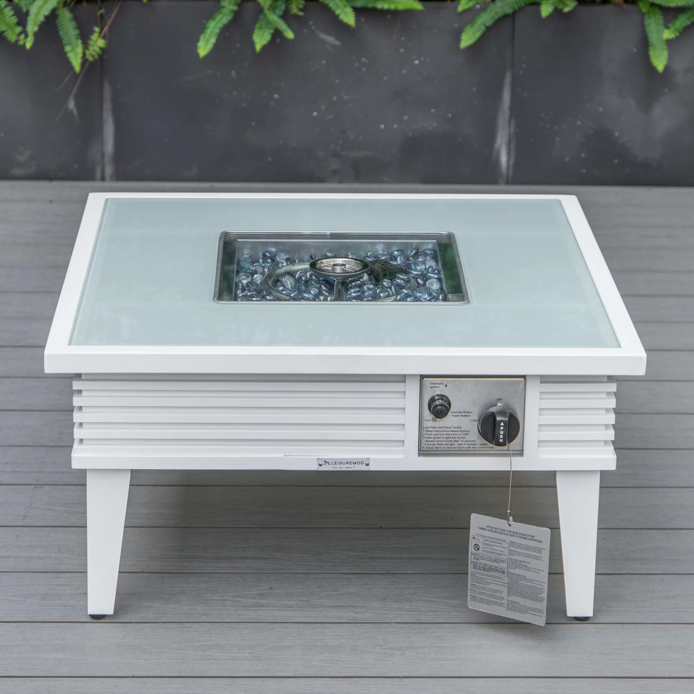 LeisureMod Walbrooke Modern White Patio Conversation With Square Fire Pit With Slats Design & Tank Holder - Image 7