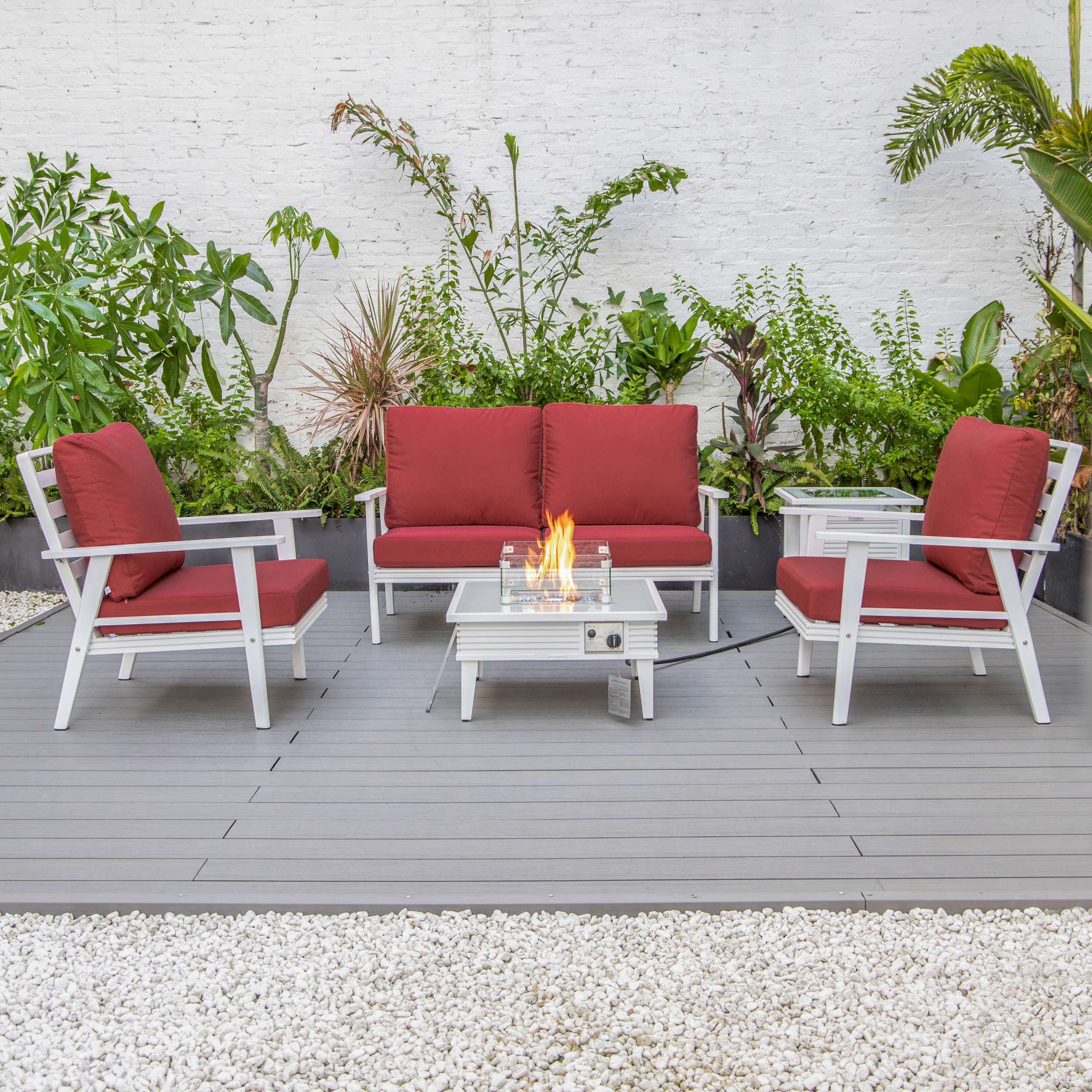 LeisureMod Walbrooke Modern White Patio Conversation With Square Fire Pit With Slats Design & Tank Holder - Image 76