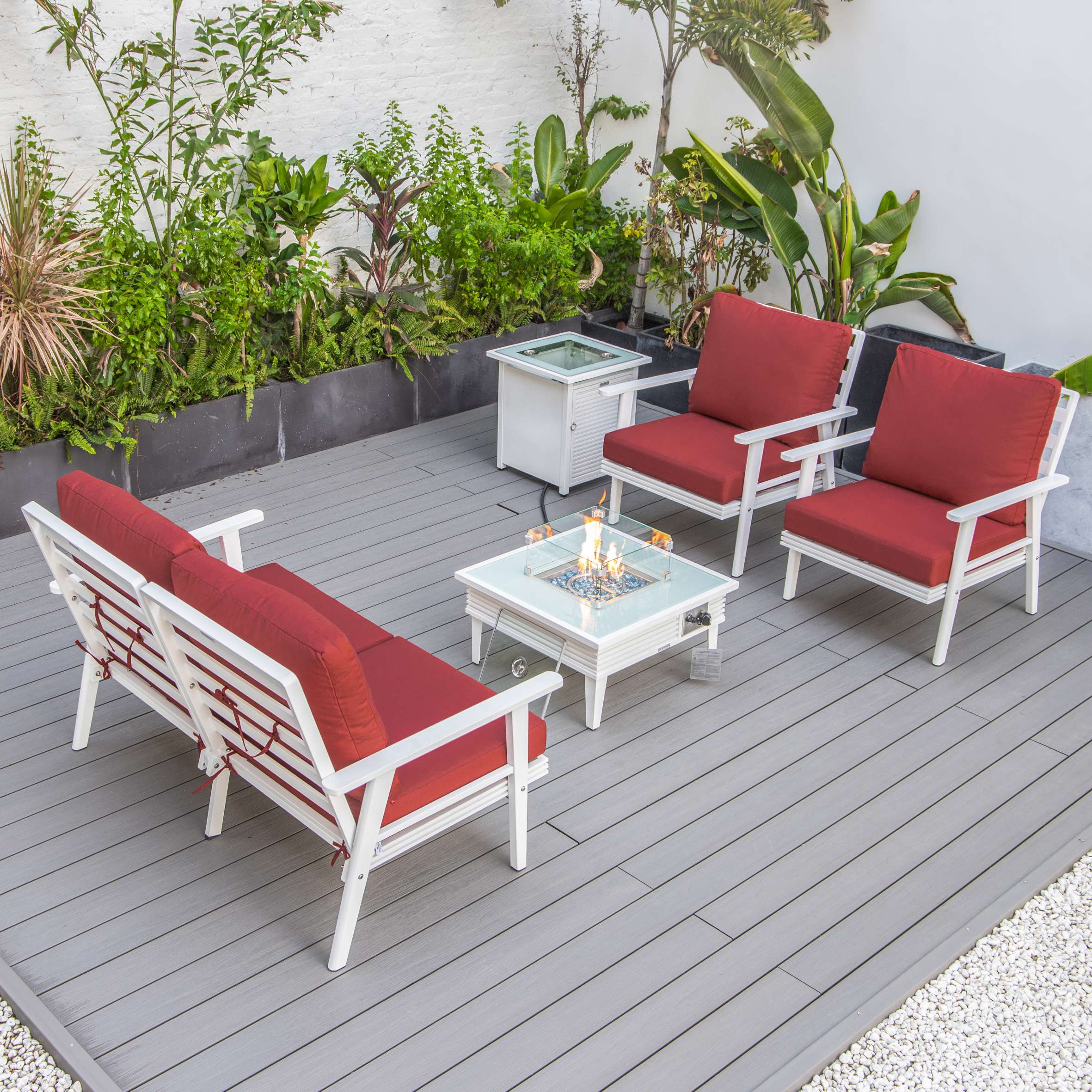 LeisureMod Walbrooke Modern White Patio Conversation With Square Fire Pit With Slats Design & Tank Holder - Image 80