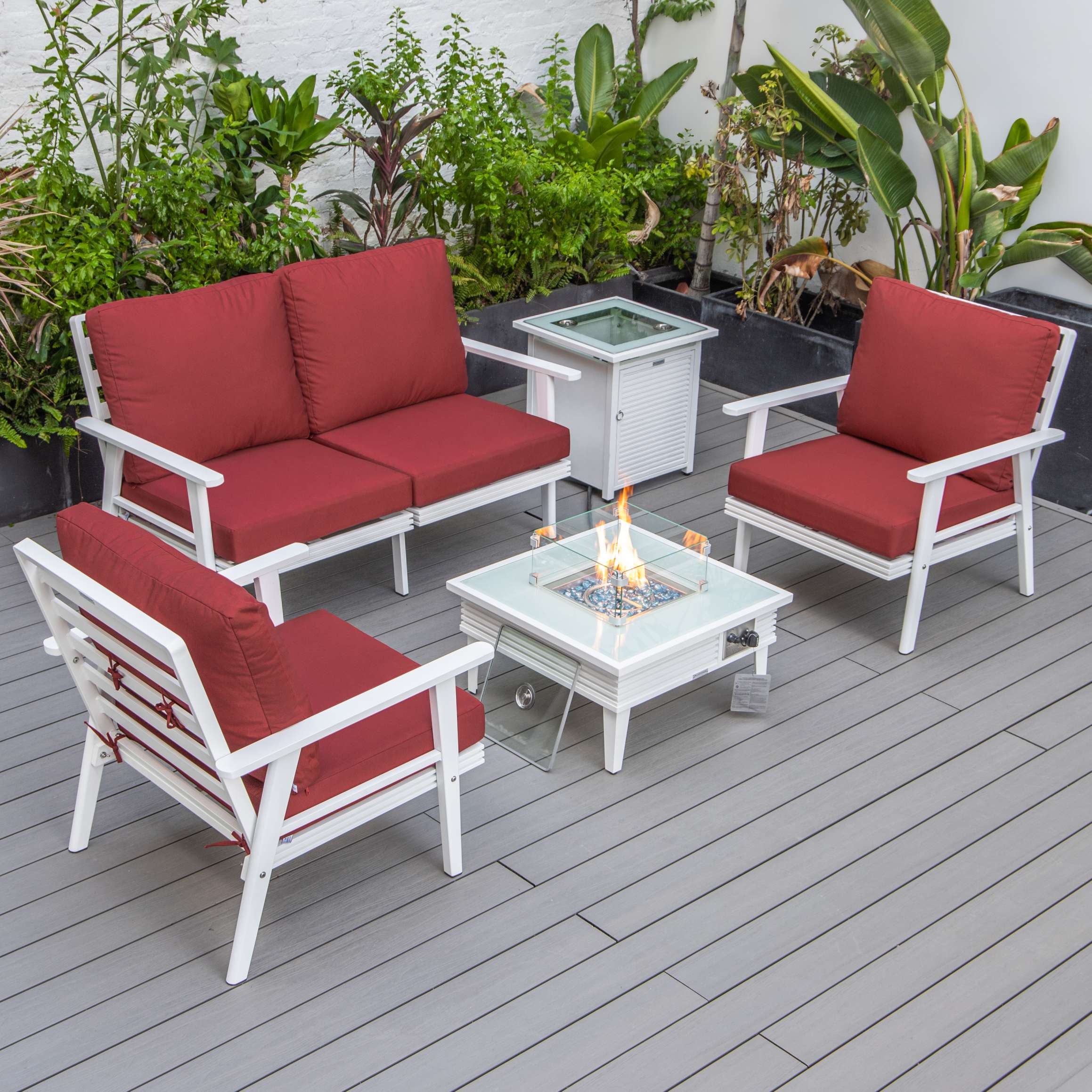 LeisureMod Walbrooke Modern White Patio Conversation With Square Fire Pit With Slats Design & Tank Holder - Image 83