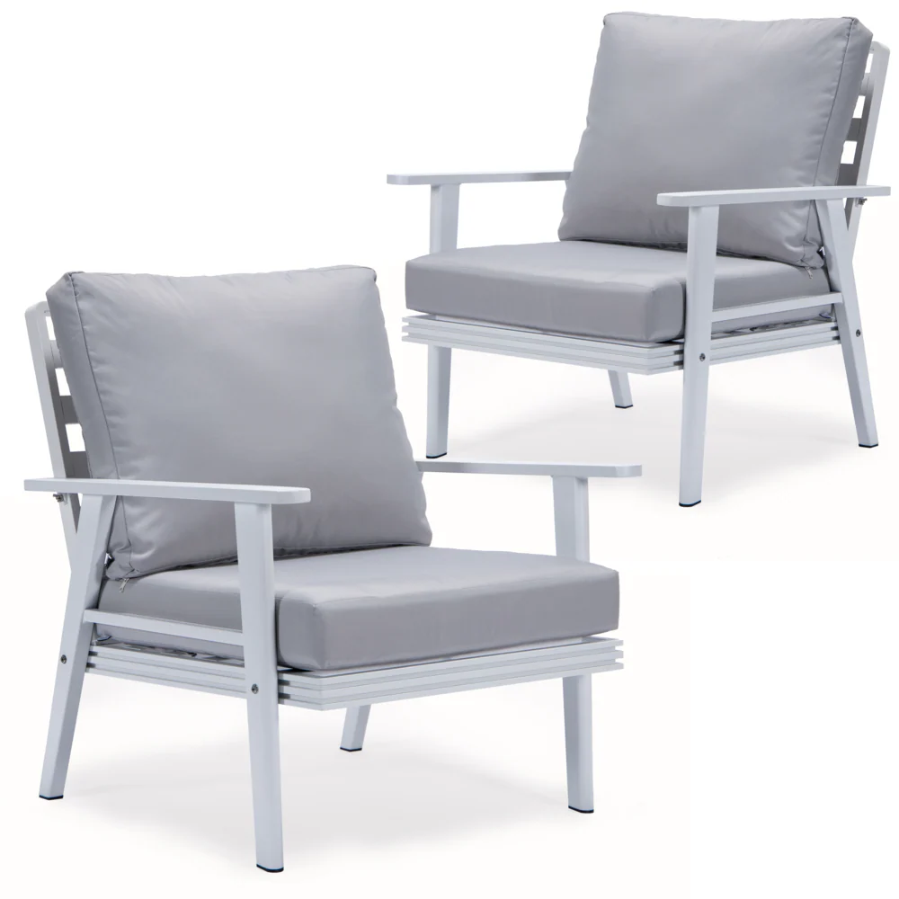 LeisureMod Walbrooke Outdoor Patio White Aluminum Armchairs With Cushions Set Of 2 - Image 13