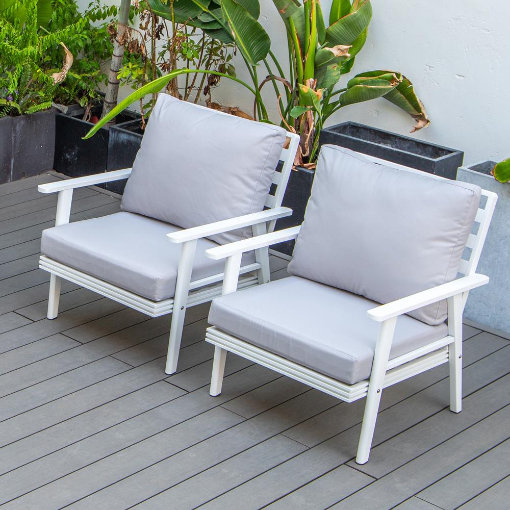 LeisureMod Walbrooke Outdoor Patio White Aluminum Armchairs With Cushions Set Of 2 - Image 16