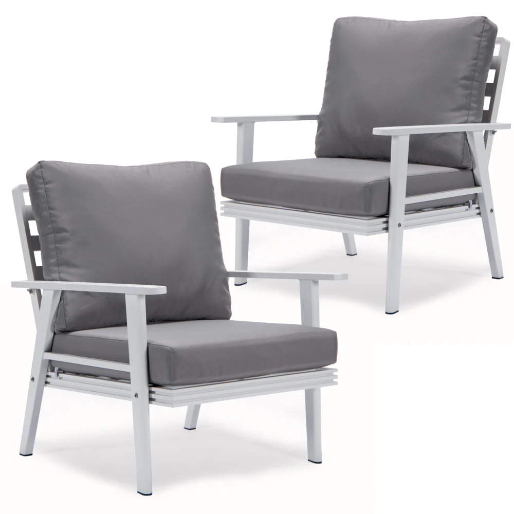 LeisureMod Walbrooke Outdoor Patio White Aluminum Armchairs With Cushions Set Of 2 - Image 17