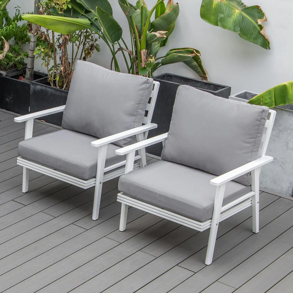 LeisureMod Walbrooke Outdoor Patio White Aluminum Armchairs With Cushions Set Of 2 - Image 20
