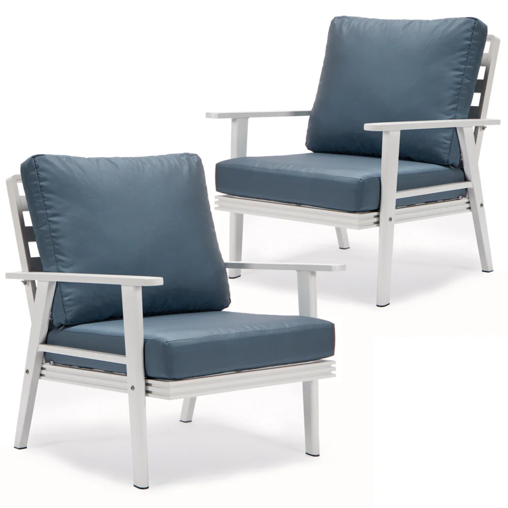 LeisureMod Walbrooke Outdoor Patio White Aluminum Armchairs With Cushions Set Of 2 - Image 6