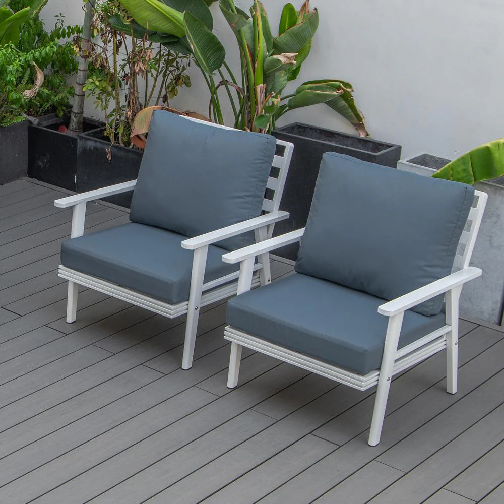 LeisureMod Walbrooke Outdoor Patio White Aluminum Armchairs With Cushions Set Of 2 - Image 9