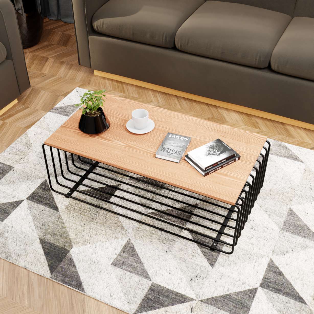 LeisureMod Walden Rectangular Coffee Table with Ash Veneer Top and Powder Coated Steel Frame - Image 2