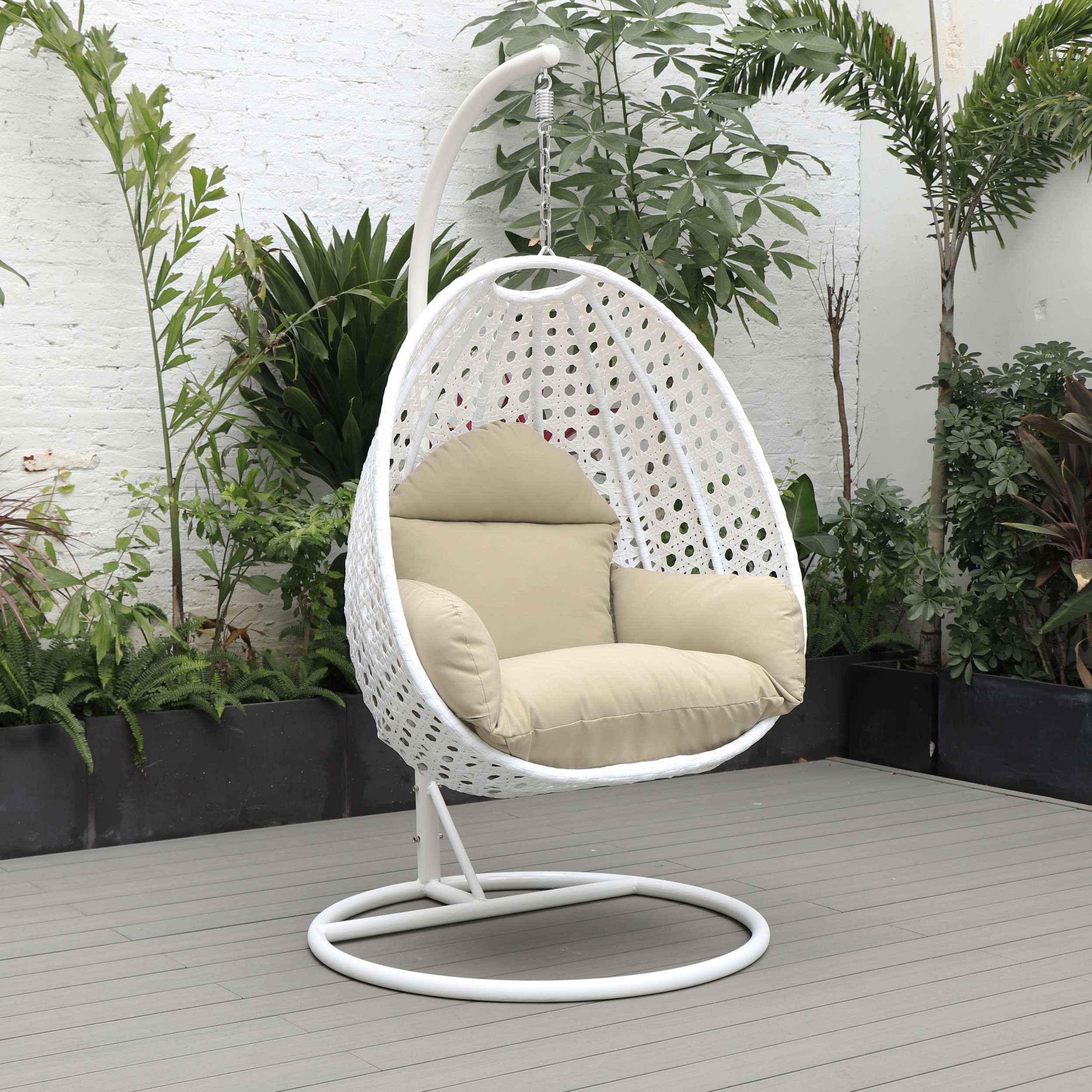 LeisureMod White Wicker Hanging Egg Swing Chair - Image 89
