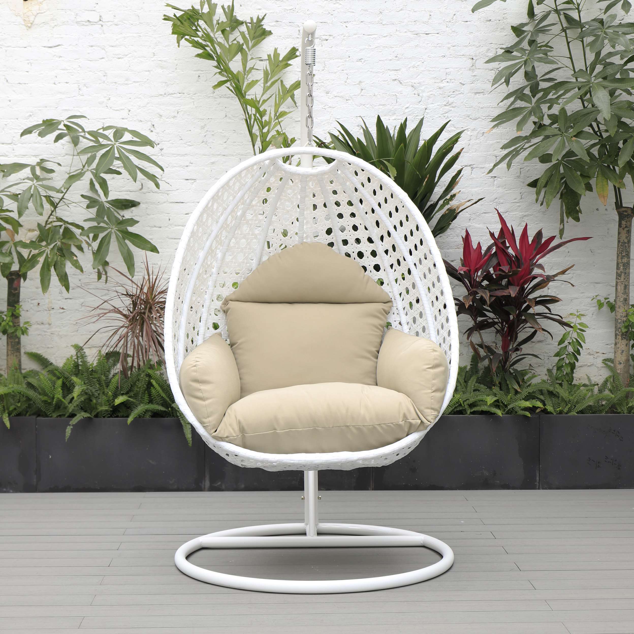 LeisureMod White Wicker Hanging Egg Swing Chair - Image 90