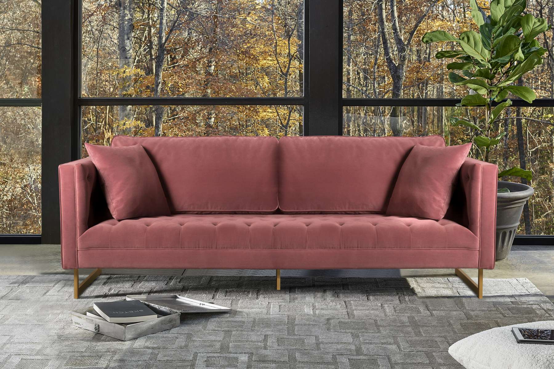 Lenox Blue Velvet Modern Sofa with Brass Legs By Armen Living - Image 13