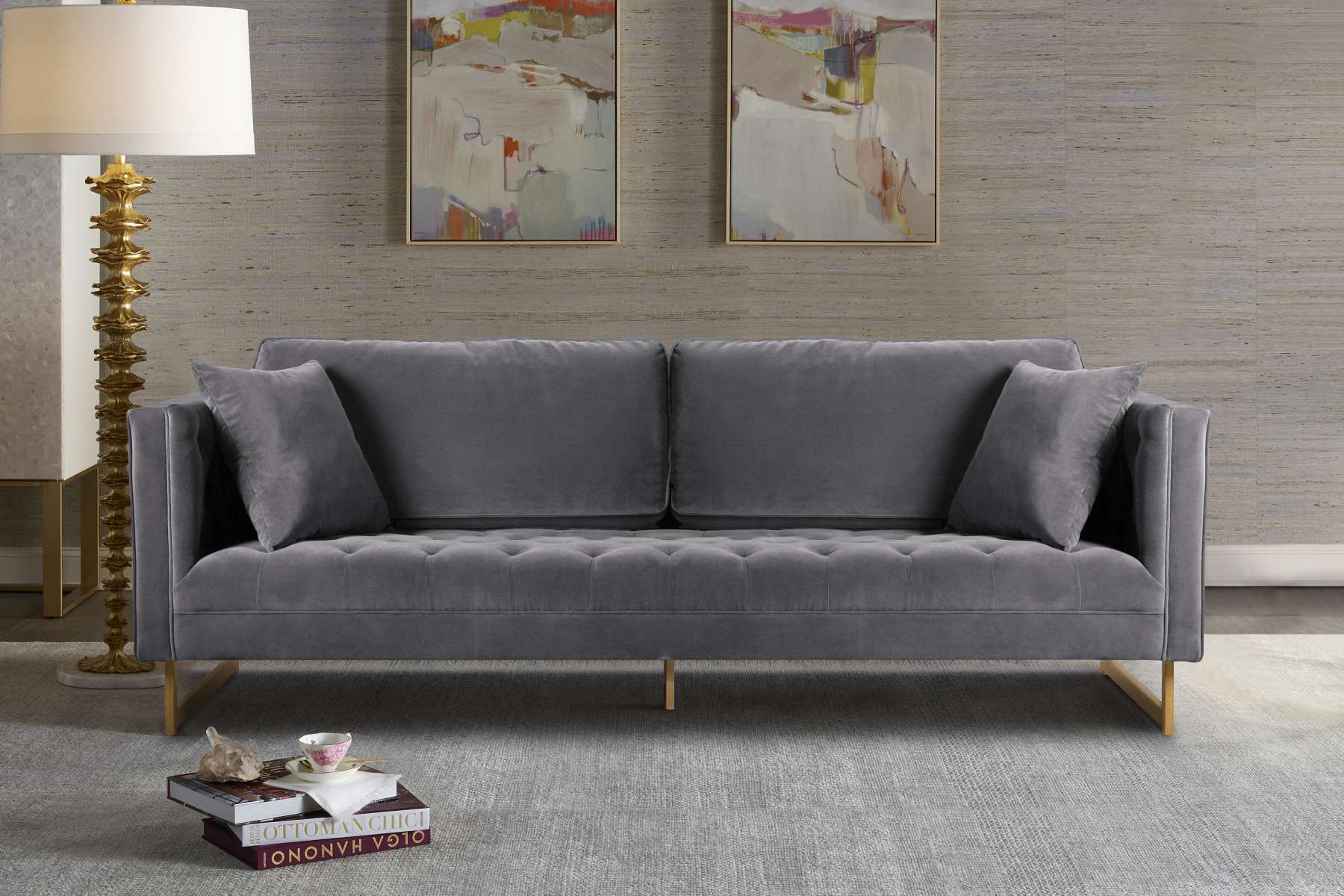 Lenox Blue Velvet Modern Sofa with Brass Legs By Armen Living - Image 7