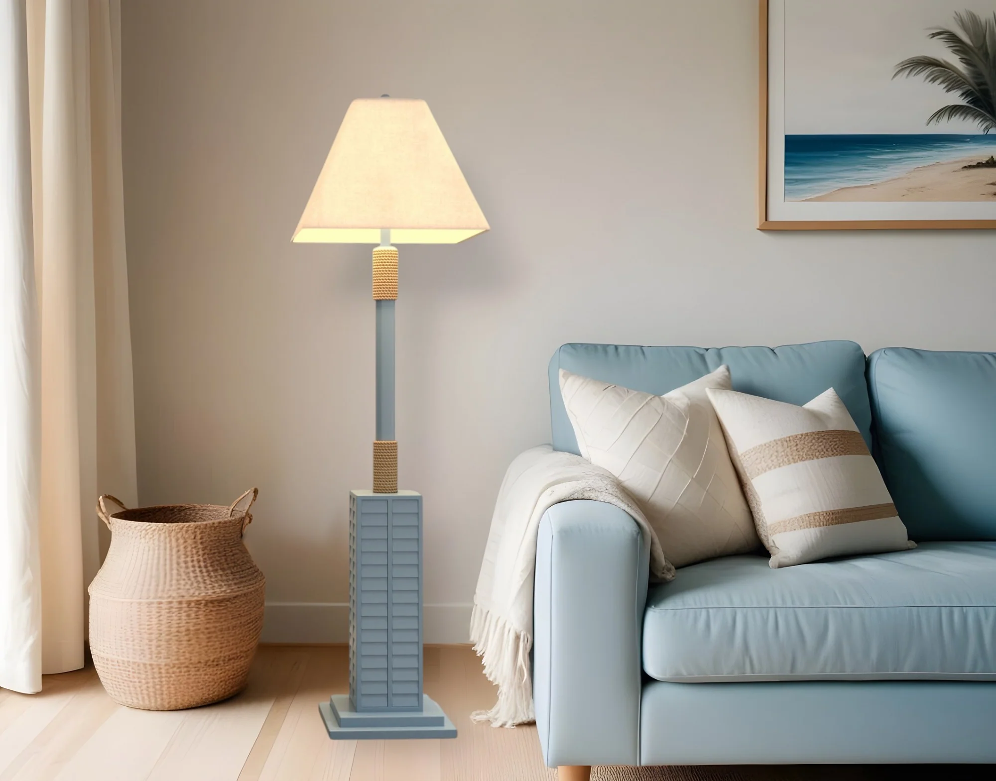 Light Blue Polyresin Floor Lamp With Tan Linen Shade By Homeroots - Image 2