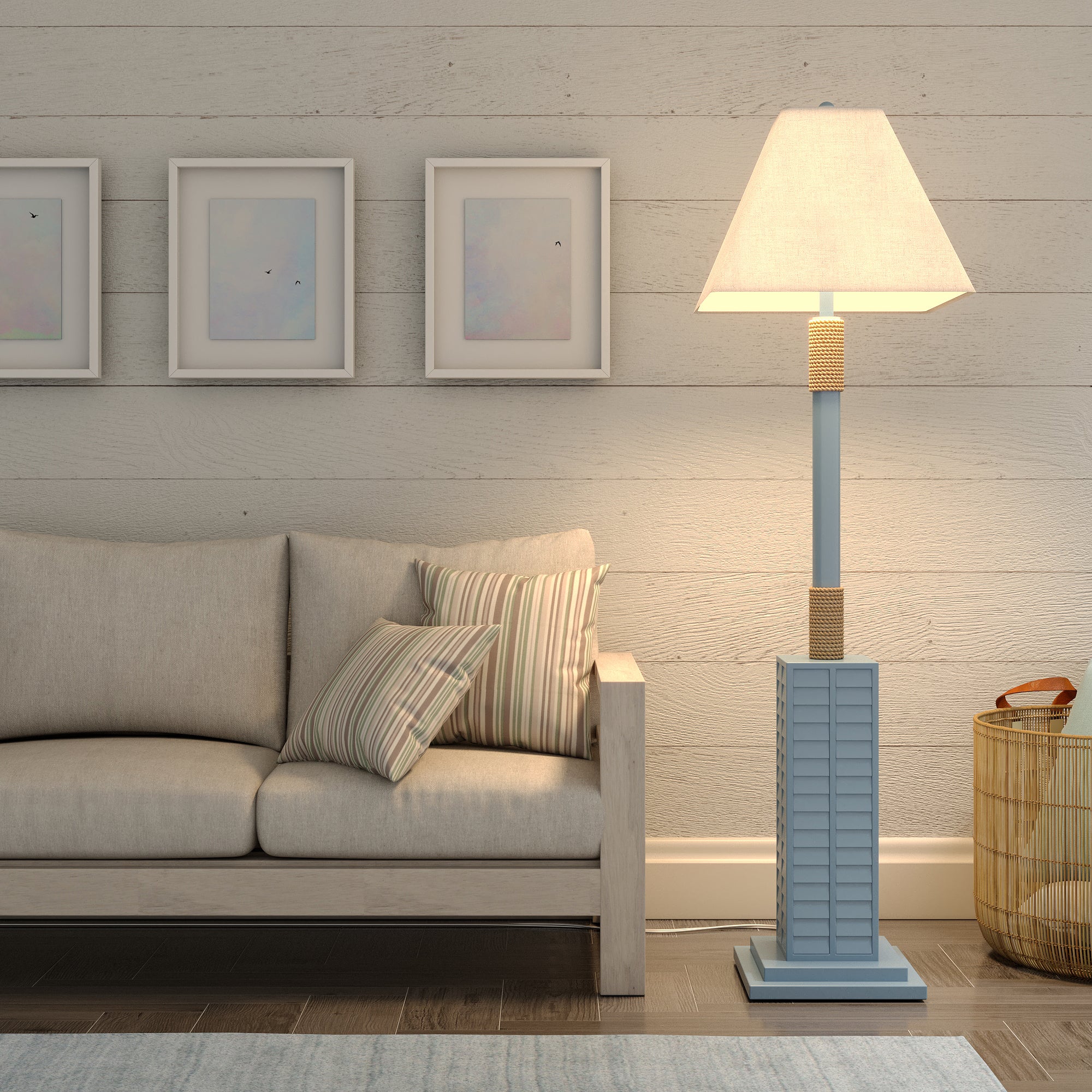 Light Blue Polyresin Floor Lamp With Tan Linen Shade By Homeroots - Image 5