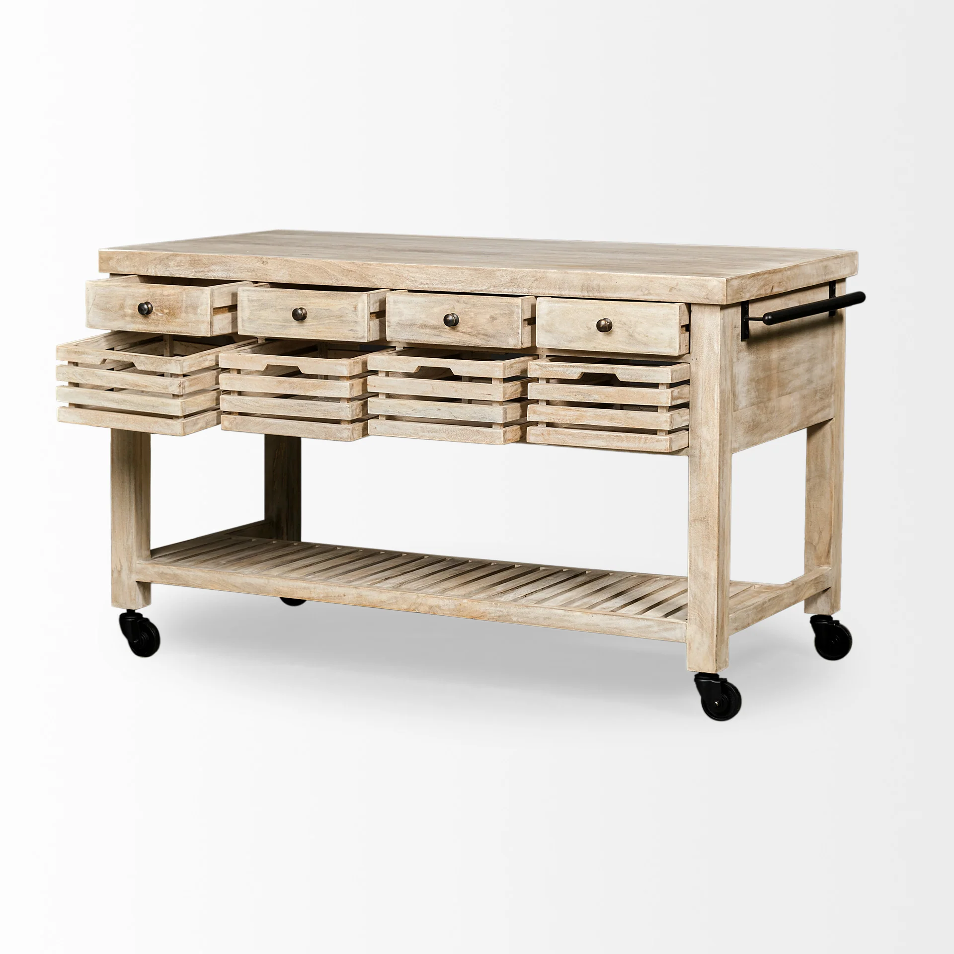 Light Brown Body Kitchen Island With Black Iron Knobs Rolling By Homeroots - Image 2