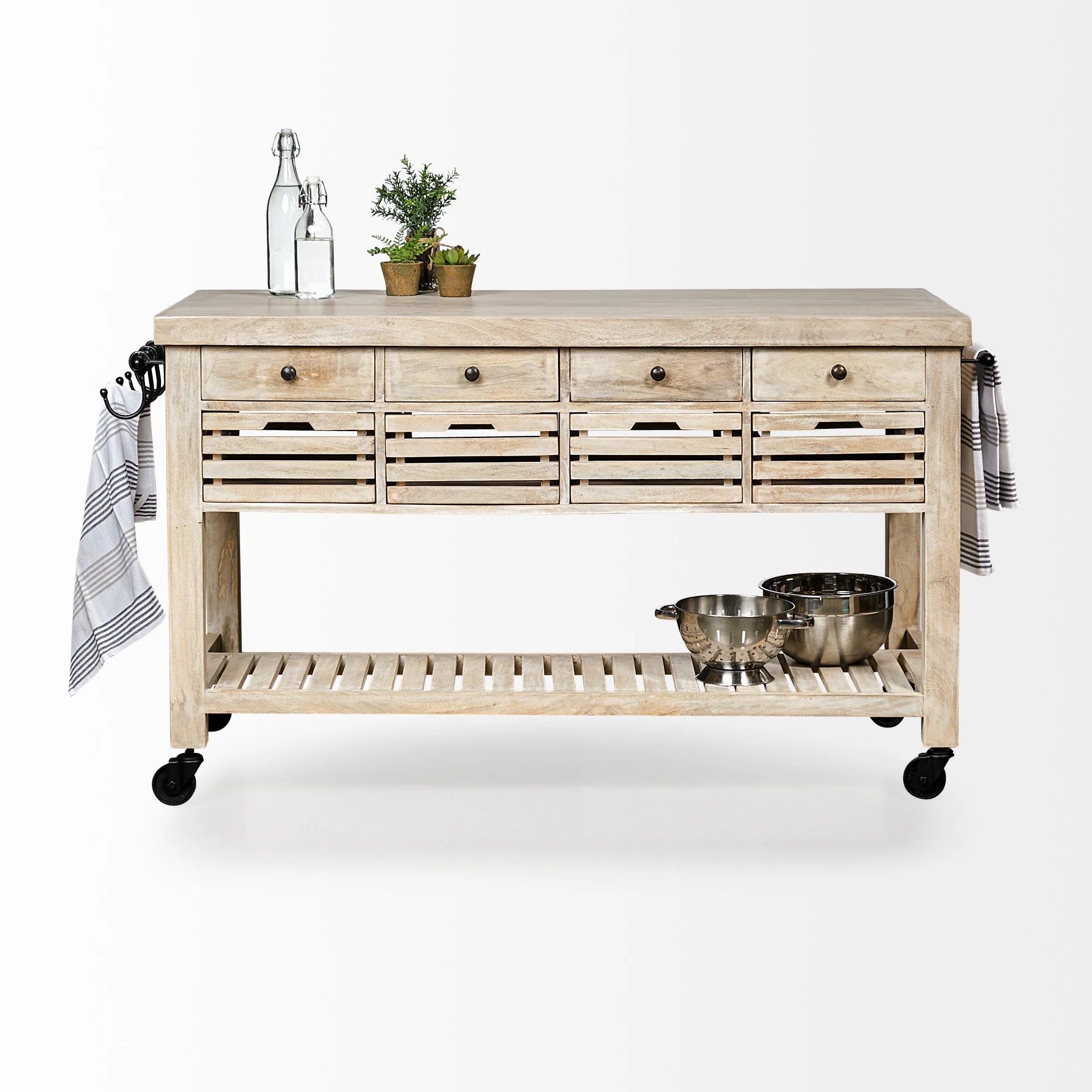 Light Brown Body Kitchen Island With Black Iron Knobs Rolling By Homeroots - Image 4