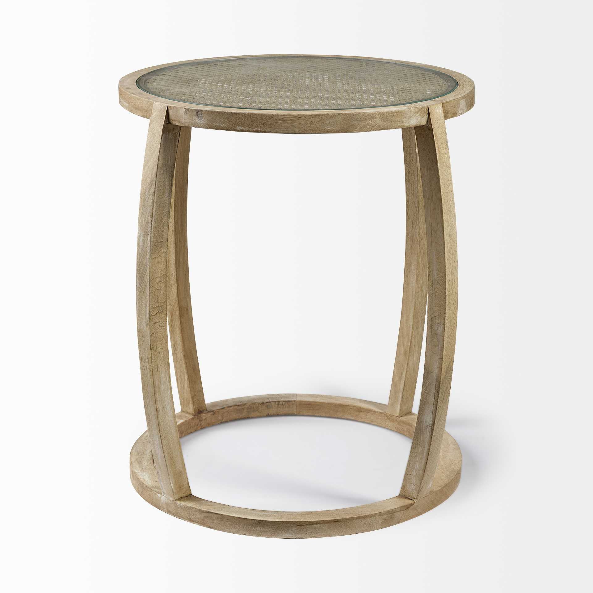 Light Brown Wood Round Top Accent Table with Glass By Homeroots - Image 2