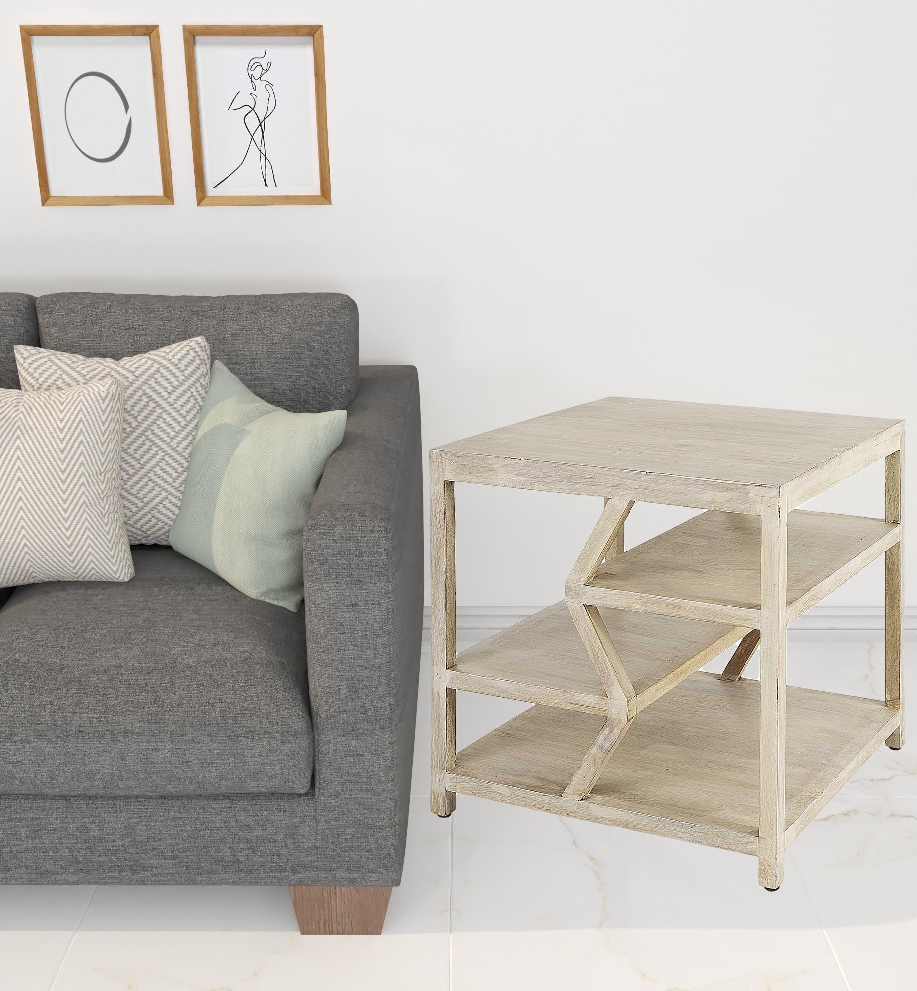 Light Brown Wooden Square Top Side Table with Multi-Level Shelf By Homeroots - Image 6