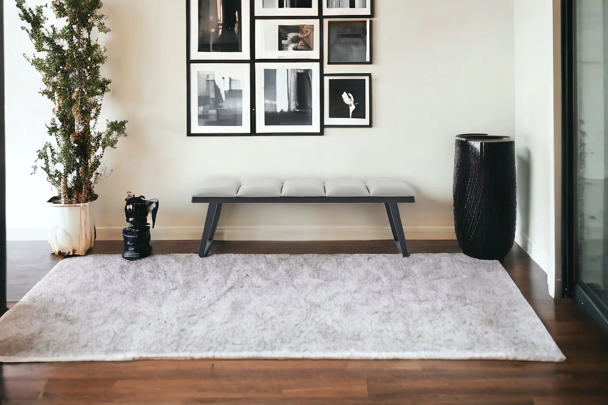 Light Gray and Black Upholstered Faux Leather Bench By Homeroots - Image 2