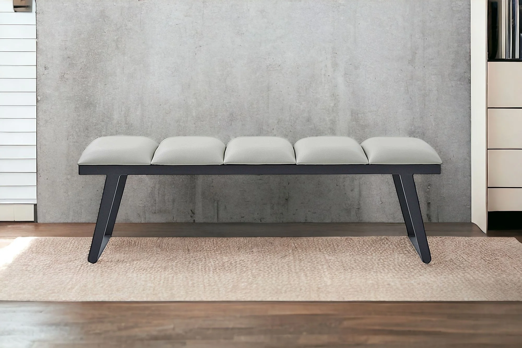Light Gray and Black Upholstered Faux Leather Bench By Homeroots - Image 3