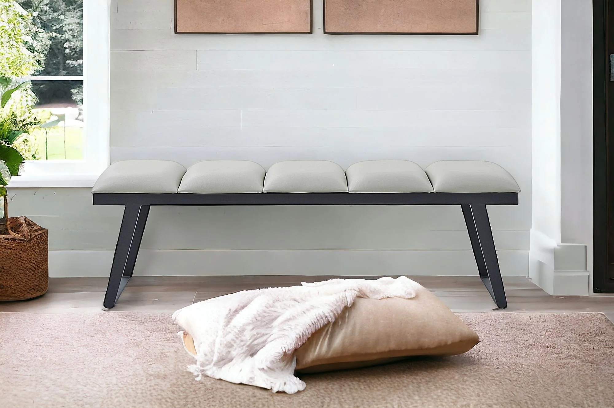 Light Gray and Black Upholstered Faux Leather Bench By Homeroots - Image 7