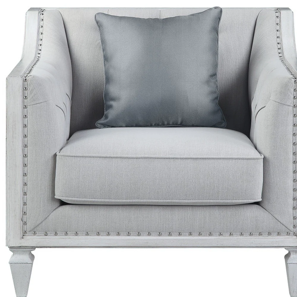 Light Gray and Brown Linen Tufted Distressed Club Chair And Toss Pillow By Homeroots - Image 4