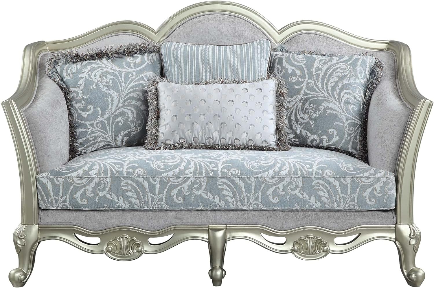 Light Gray And Champagne Linen Damask Loveseat and Toss Pillows By Homeroots - Image 2