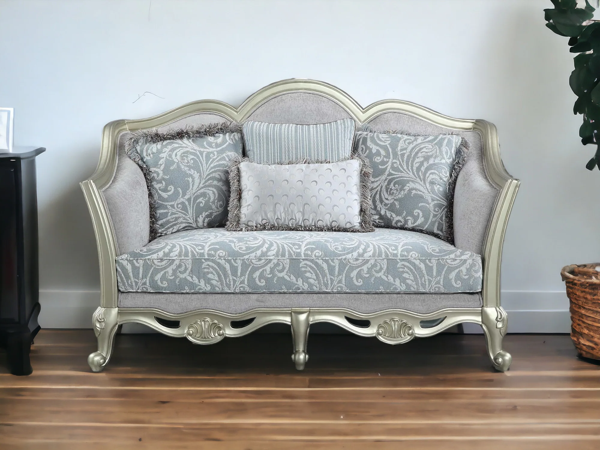 Light Gray And Champagne Linen Damask Loveseat and Toss Pillows By Homeroots - Image 3