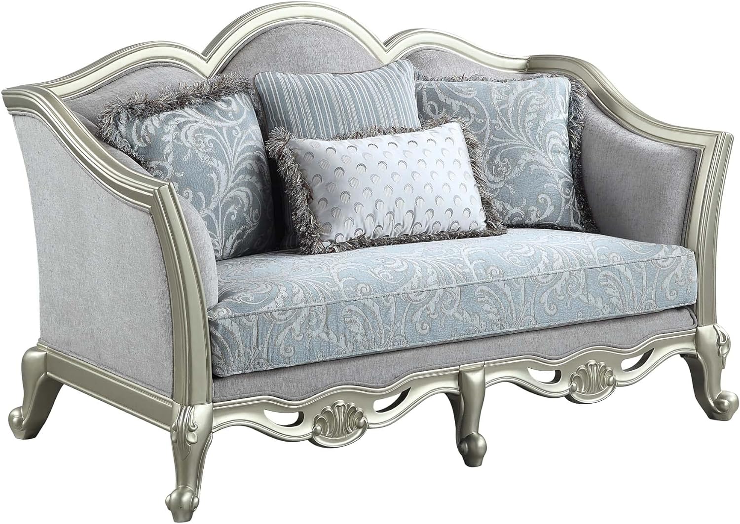 Light Gray And Champagne Linen Damask Loveseat and Toss Pillows By Homeroots - Image 4
